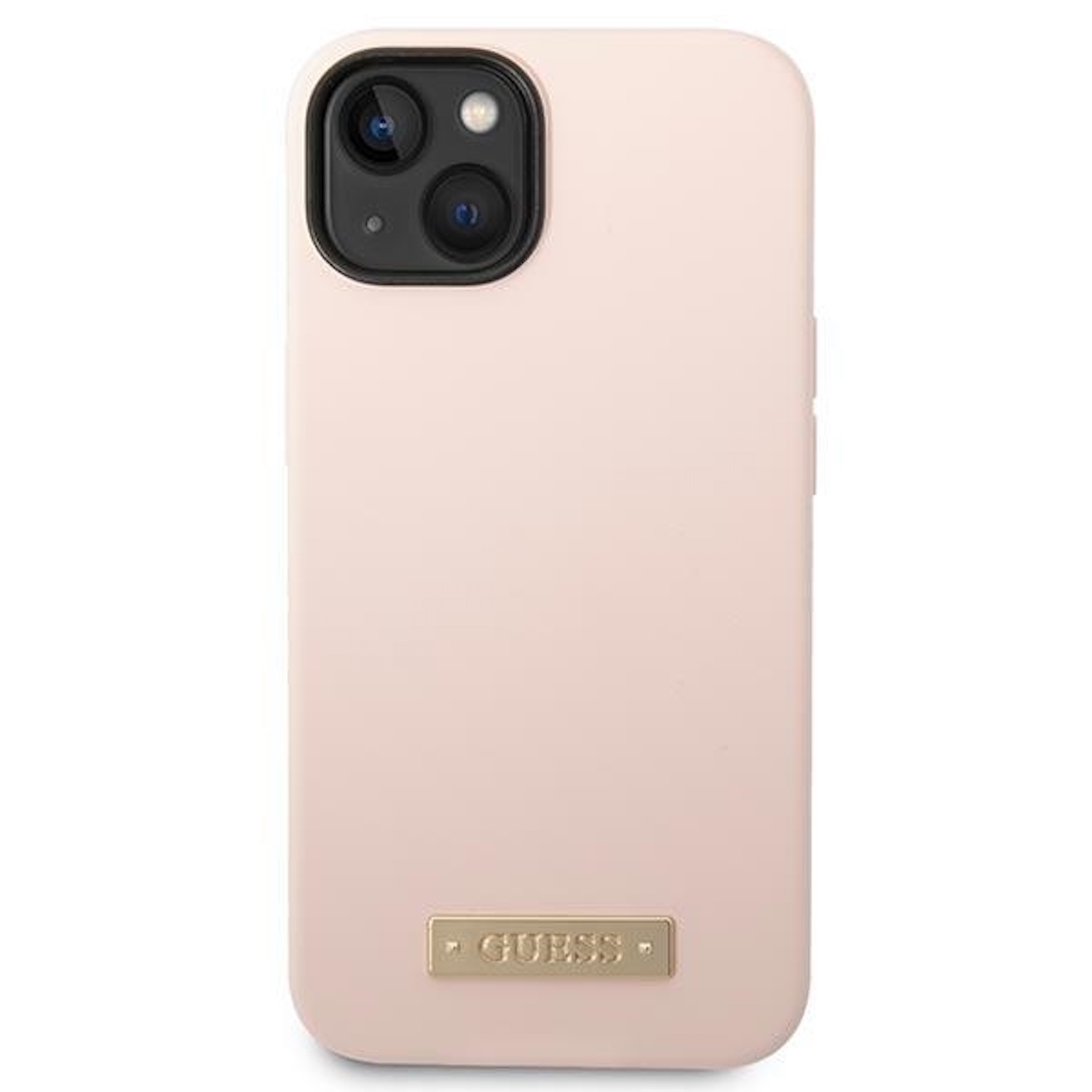 Custodia rosa per telefono con logo Guess. La custodia ha un foro per la fotocamera.