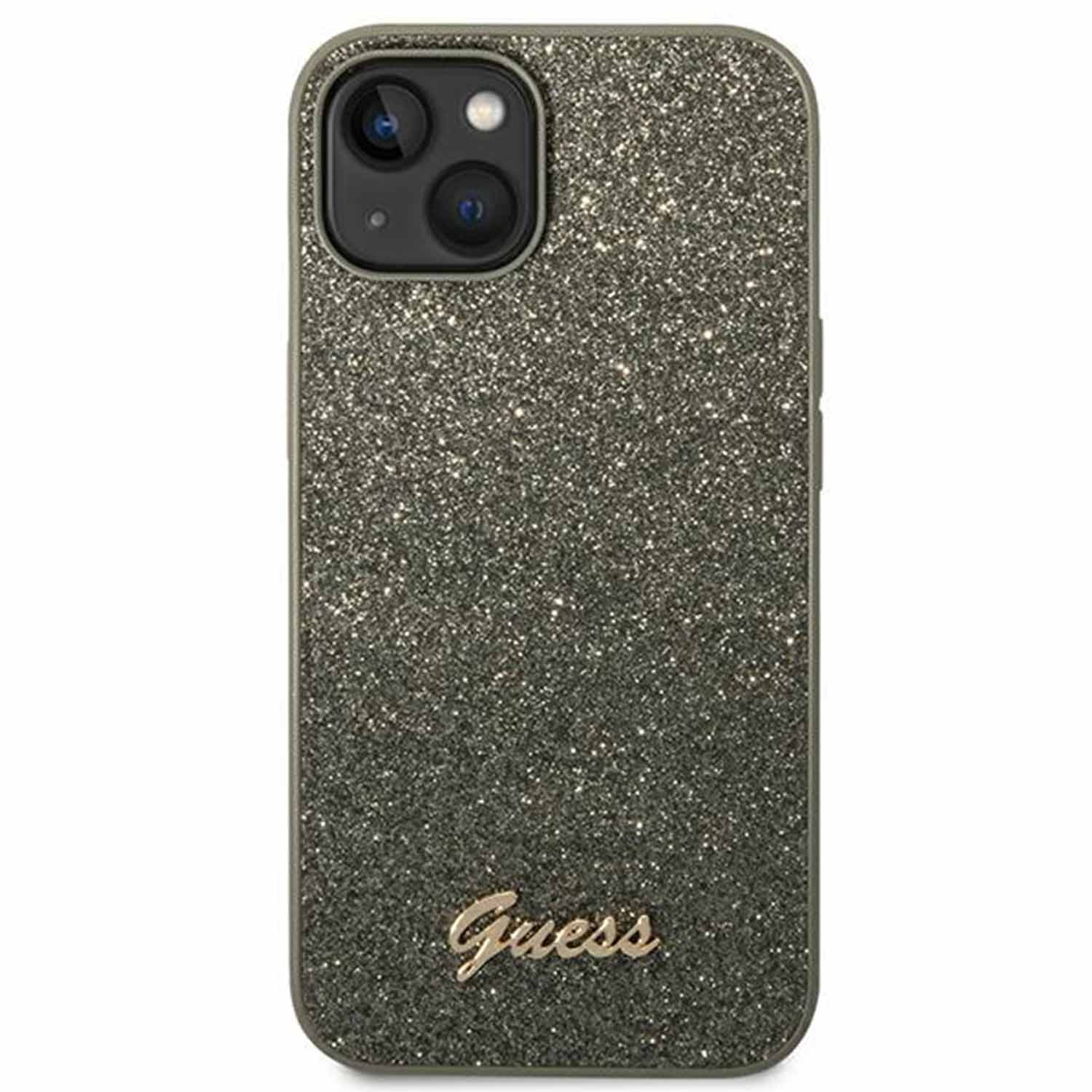 Custodia per telefono glitterata verde con logo Guess. La custodia ha un ritaglio per fotocamera.