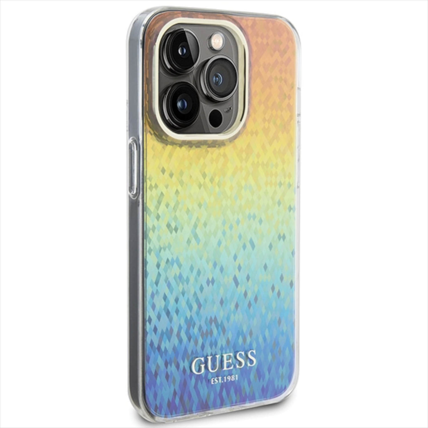 Una custodia per telefono con un motivo a diamante arcobaleno, con il marchio 'GUESS', su sfondo bianco.