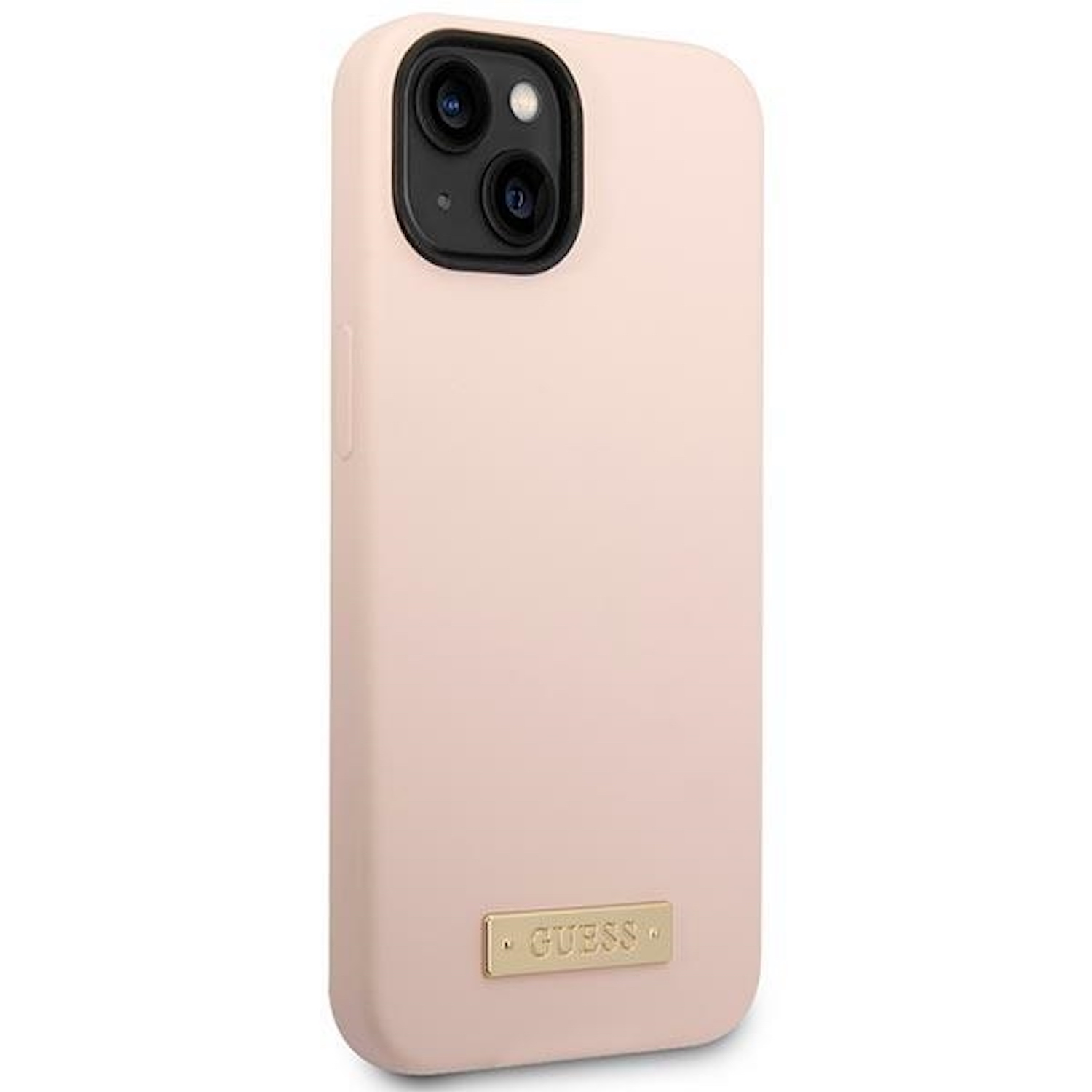 Custodia per iPhone rosa con logo Guess dorato.