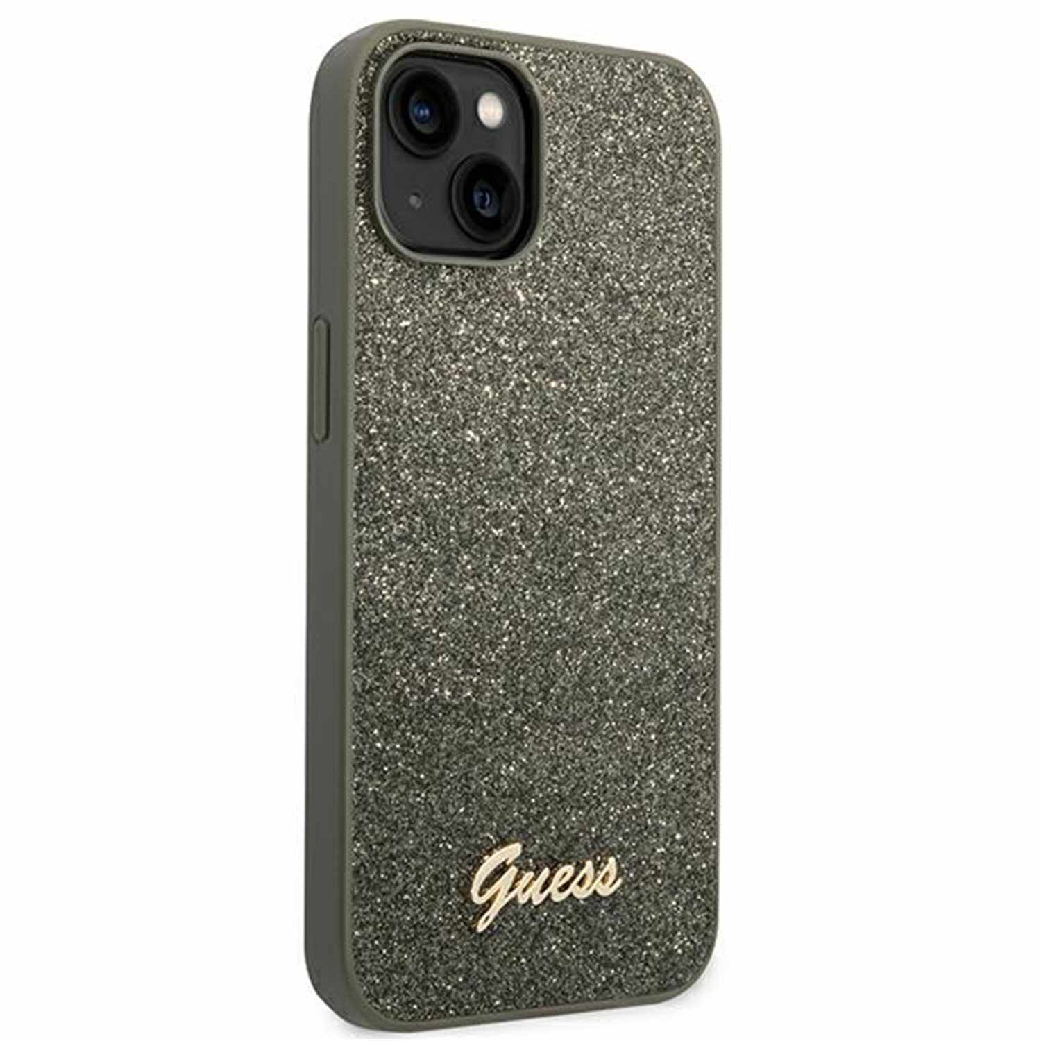 Custodia per telefono verde oliva con finitura glitter, logo Guess. Ritaglio per fotocamera in alto.