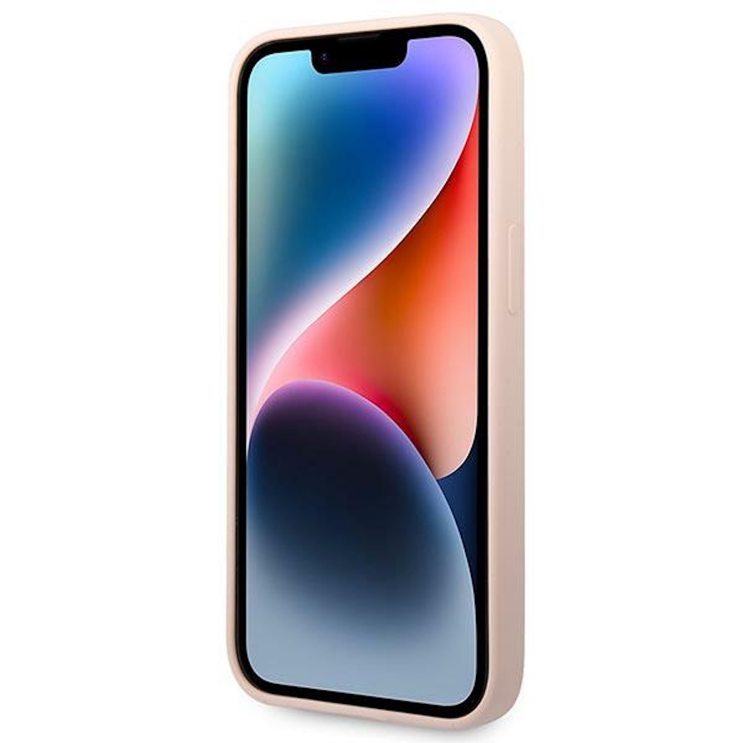 iPhone in custodia rosa. Lo schermo mostra un'immagine colorata, con pulsanti sul lato destro.