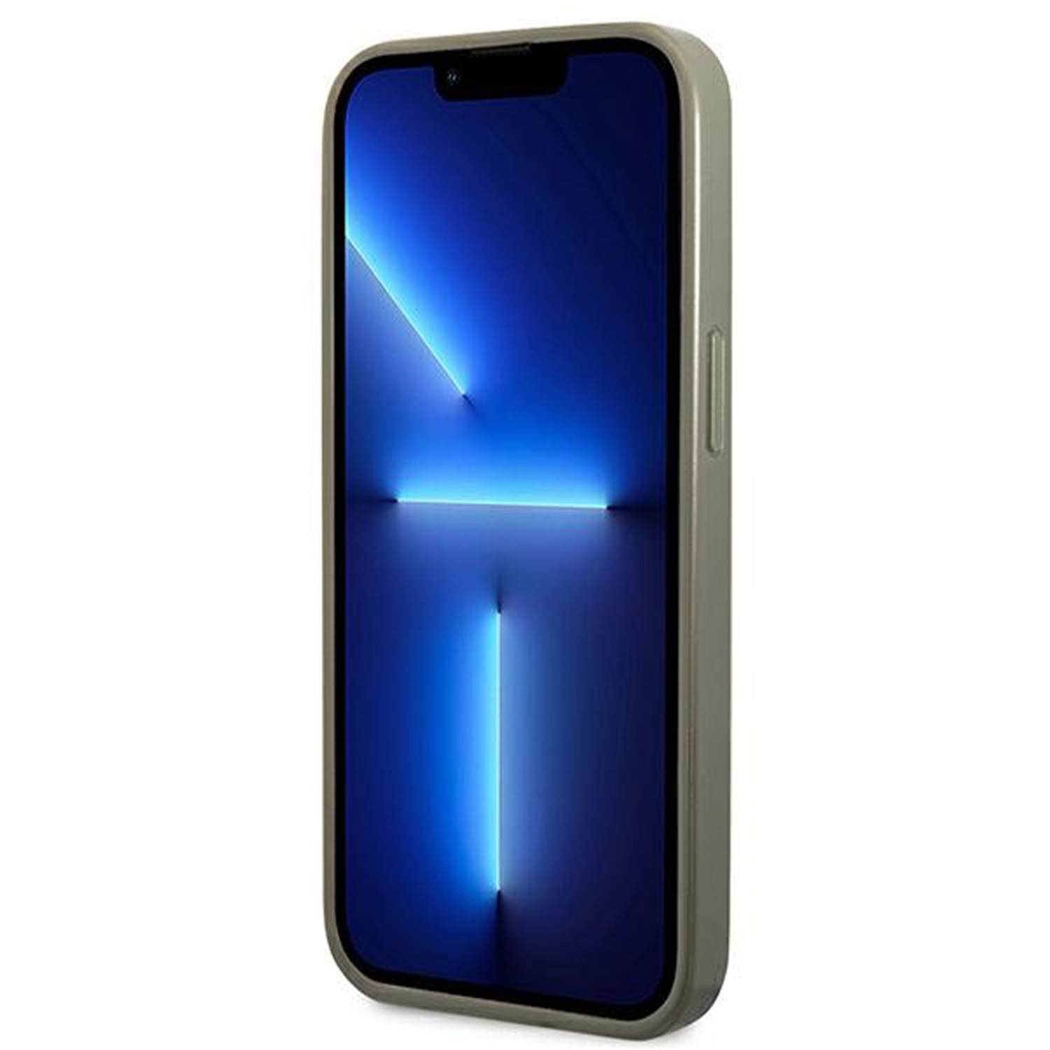 Un iPhone in una custodia grigia, che mostra un design di luce blu sullo schermo.