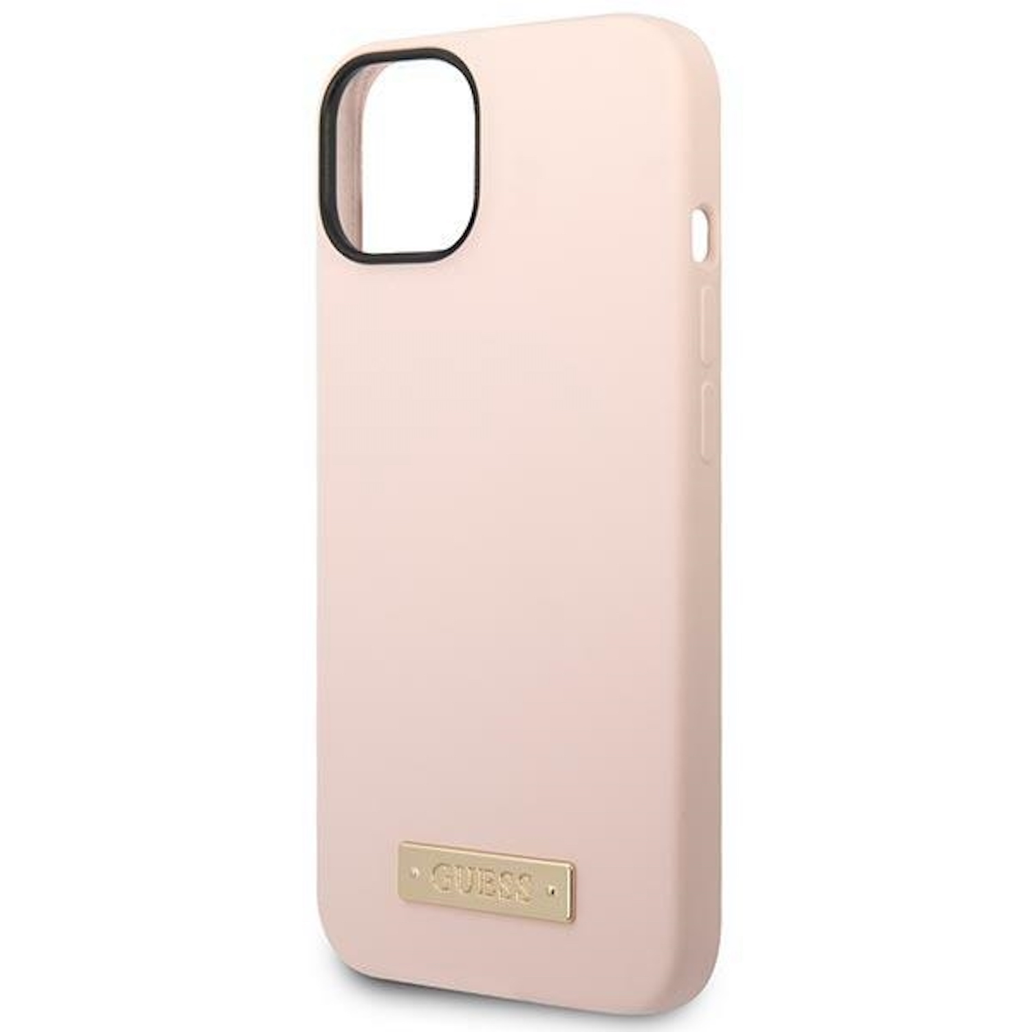 Custodia rosa per telefono con logo Guess. La custodia ha un foro per la fotocamera e pulsanti laterali.