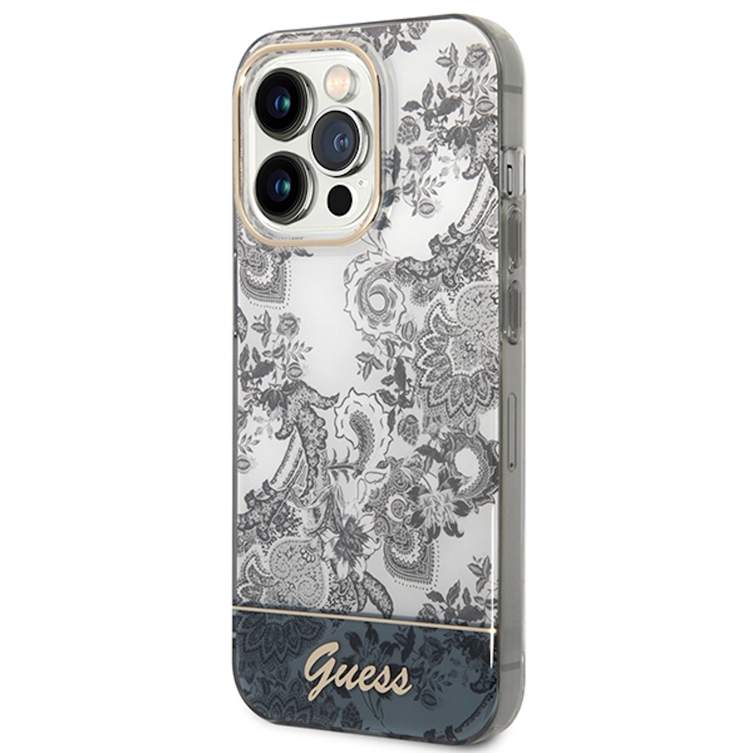 Una custodia per telefono con motivo floreale e il logo Guess.