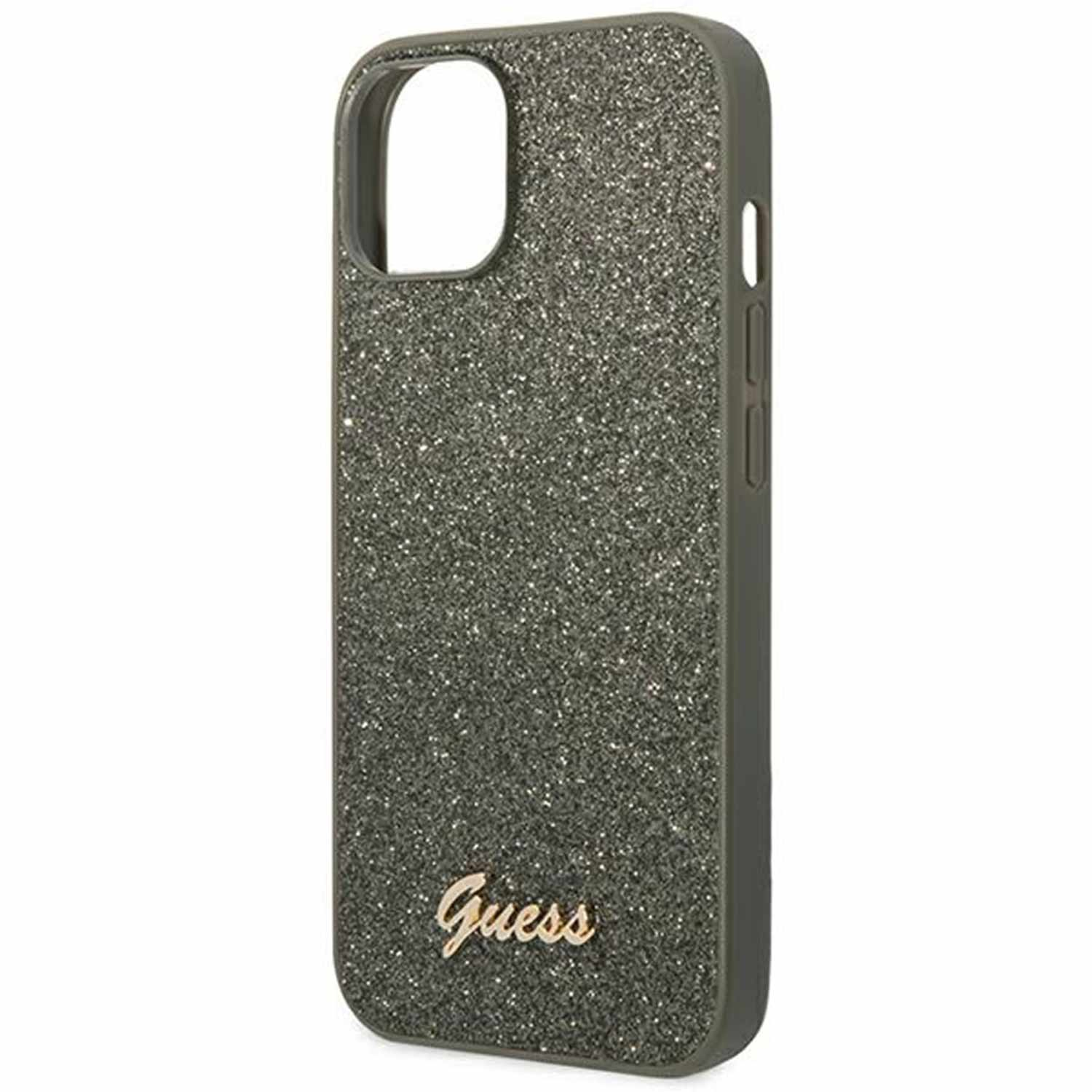 Custodia per telefono verde scuro scintillante con logo Guess. La custodia ha un foro per la fotocamera.