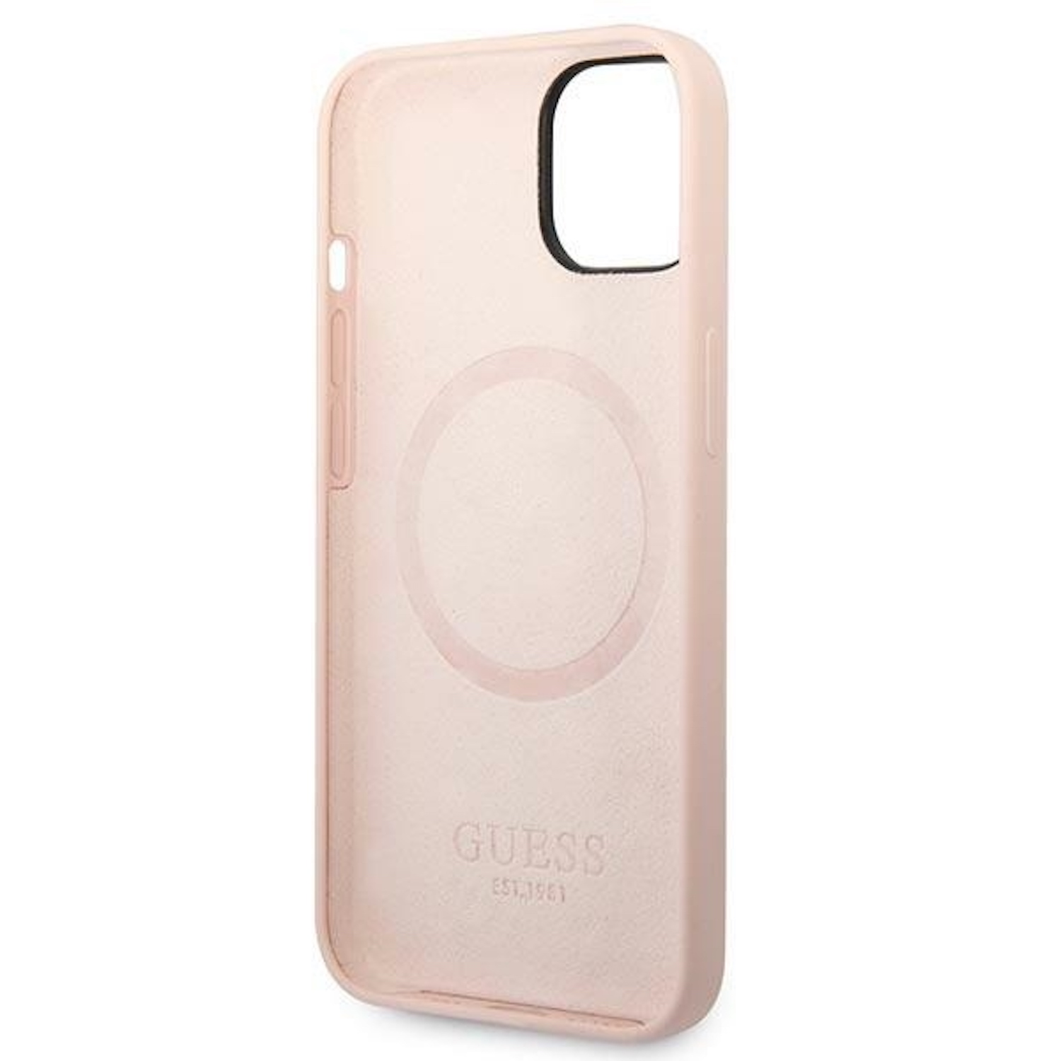 Custodia rosa per telefono, con logo Guess e cerchio MagSafe. La custodia ha il foro per la fotocamera.