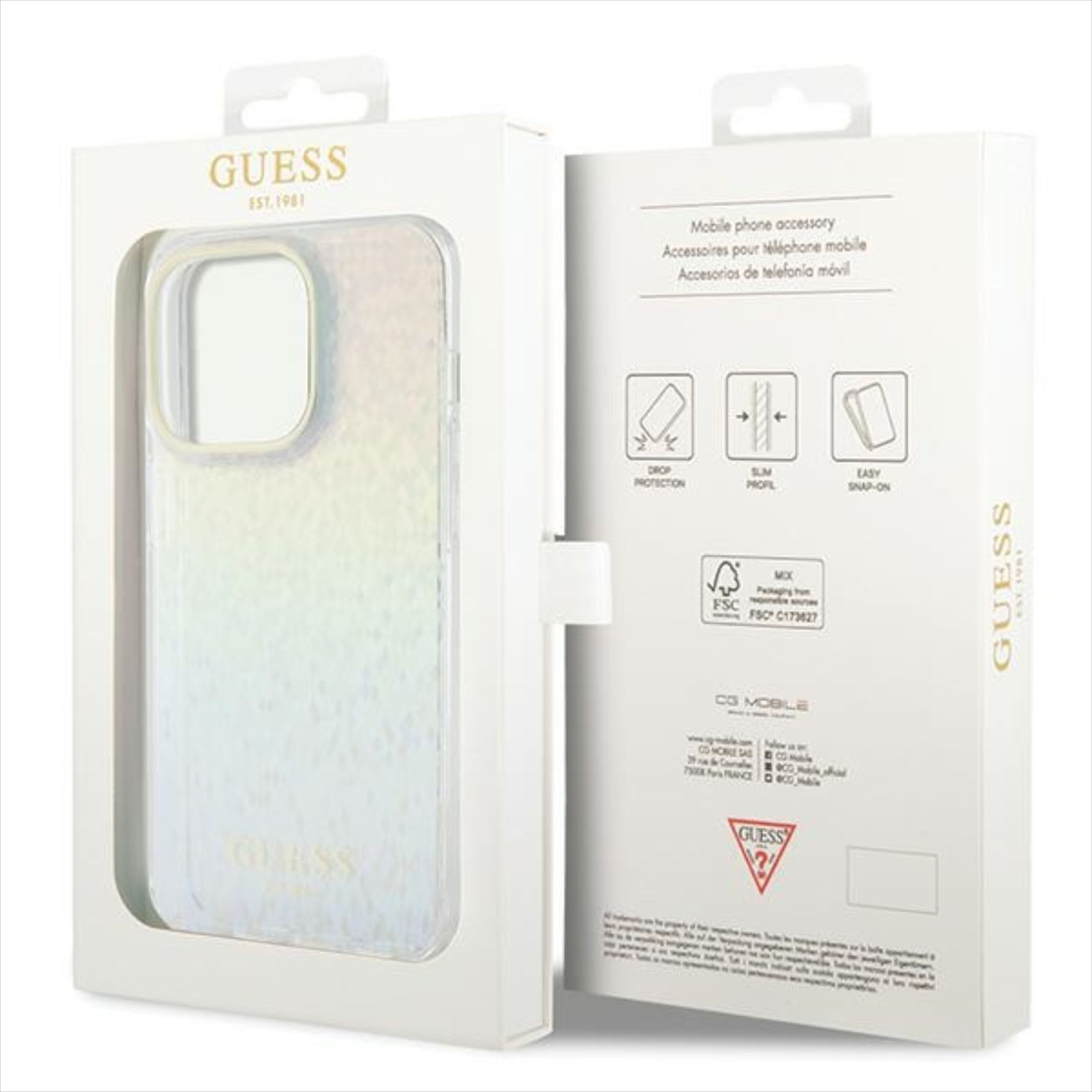Custodia per telefono in una scatola, con il logo Guess e dettagli. La custodia è olografica.