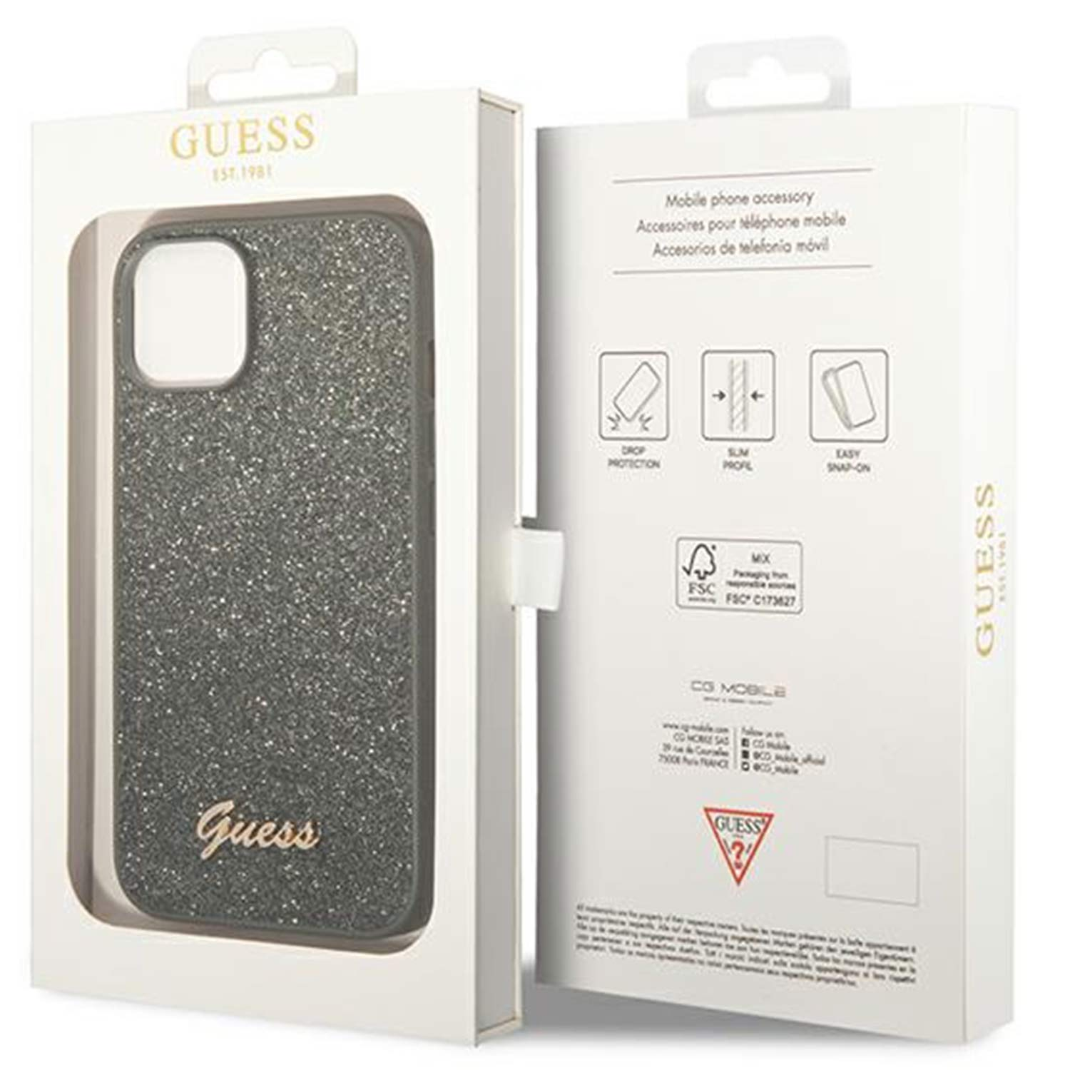 Custodia per telefono in una scatola, con il logo Guess e dettagli. La custodia è verde scuro glitterato.