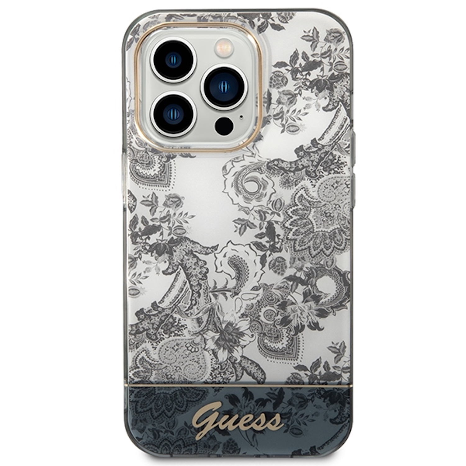 Custodia trasparente con motivo floreale. Logo Guess in basso e finiture dorate.