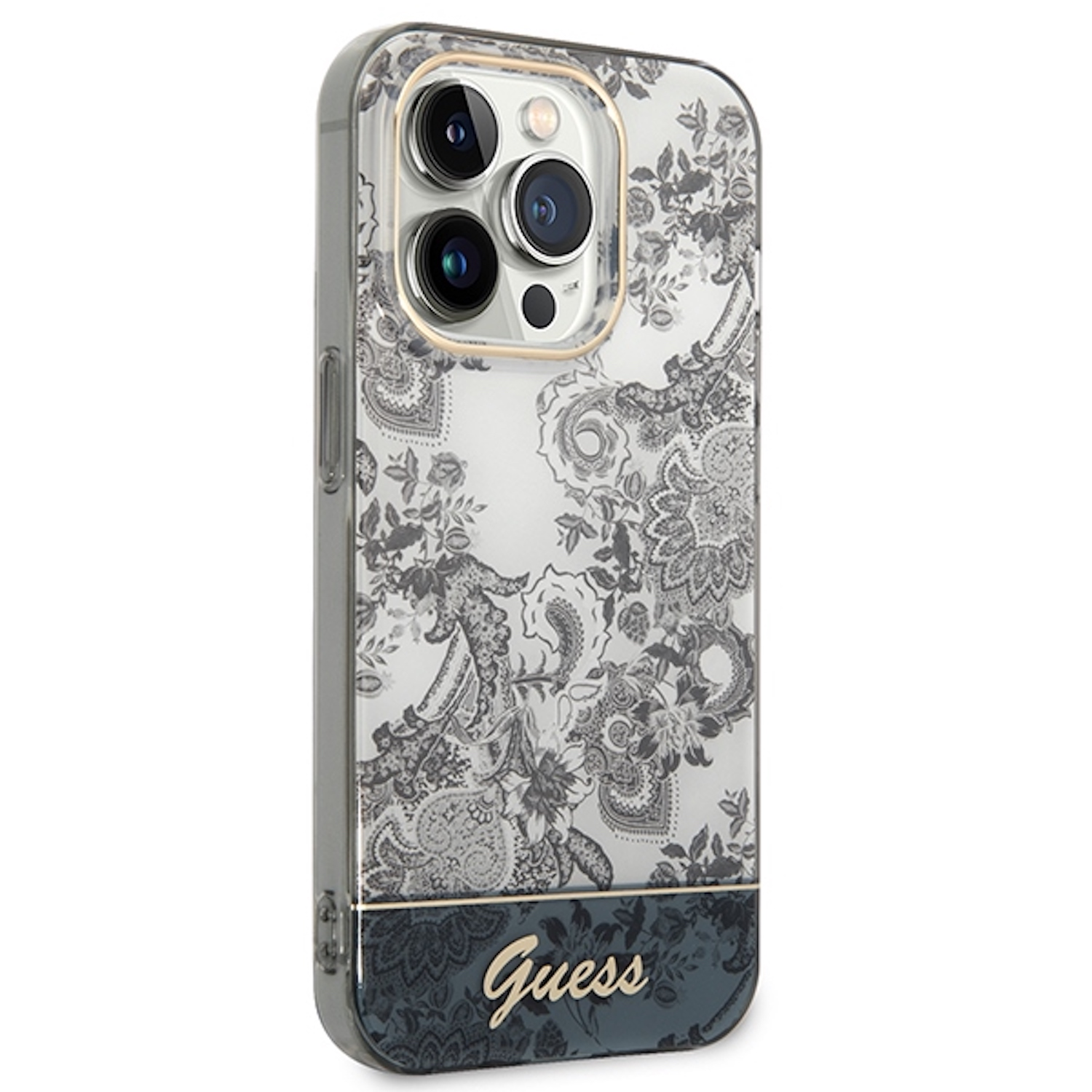Custodia trasparente con design floreale e logo Guess, su sfondo bianco.