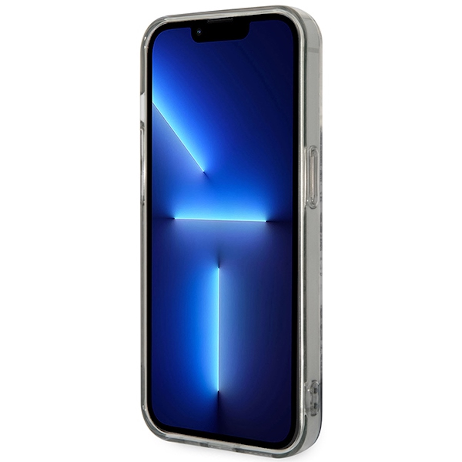 Un iPhone in una custodia trasparente, che mostra un design di luce blu sullo schermo.