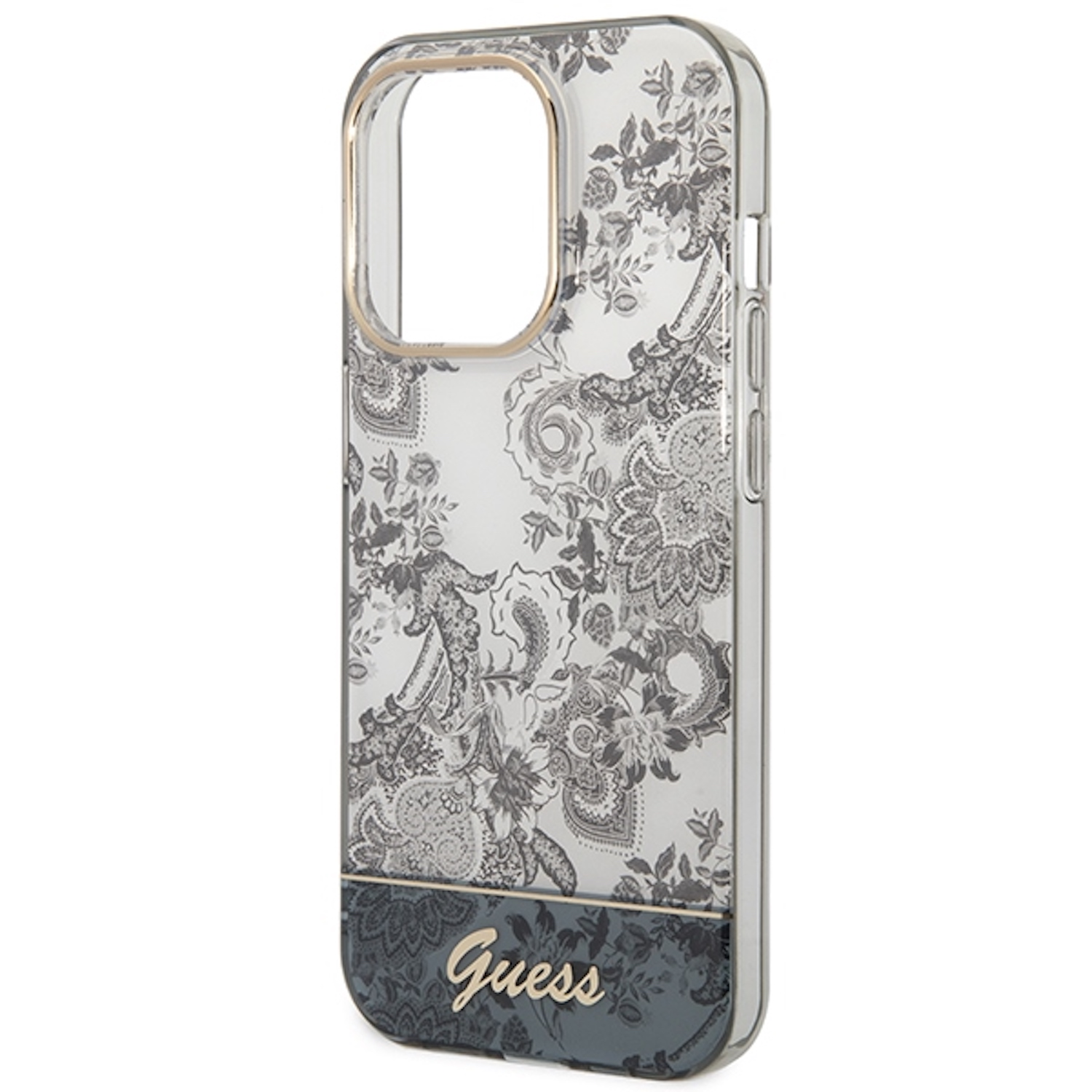 Custodia trasparente con motivo floreale. Logo Guess in basso e finiture dorate.
