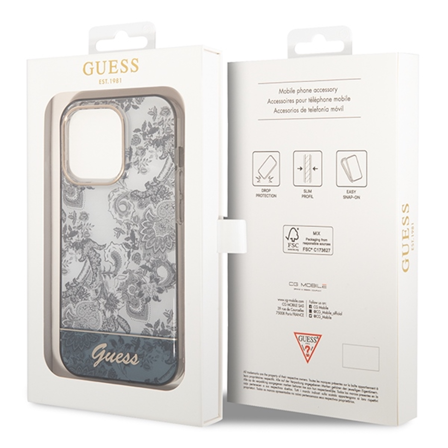 Custodia trasparente per telefono con design floreale e logo Guess. Il telefono ha più fotocamere.