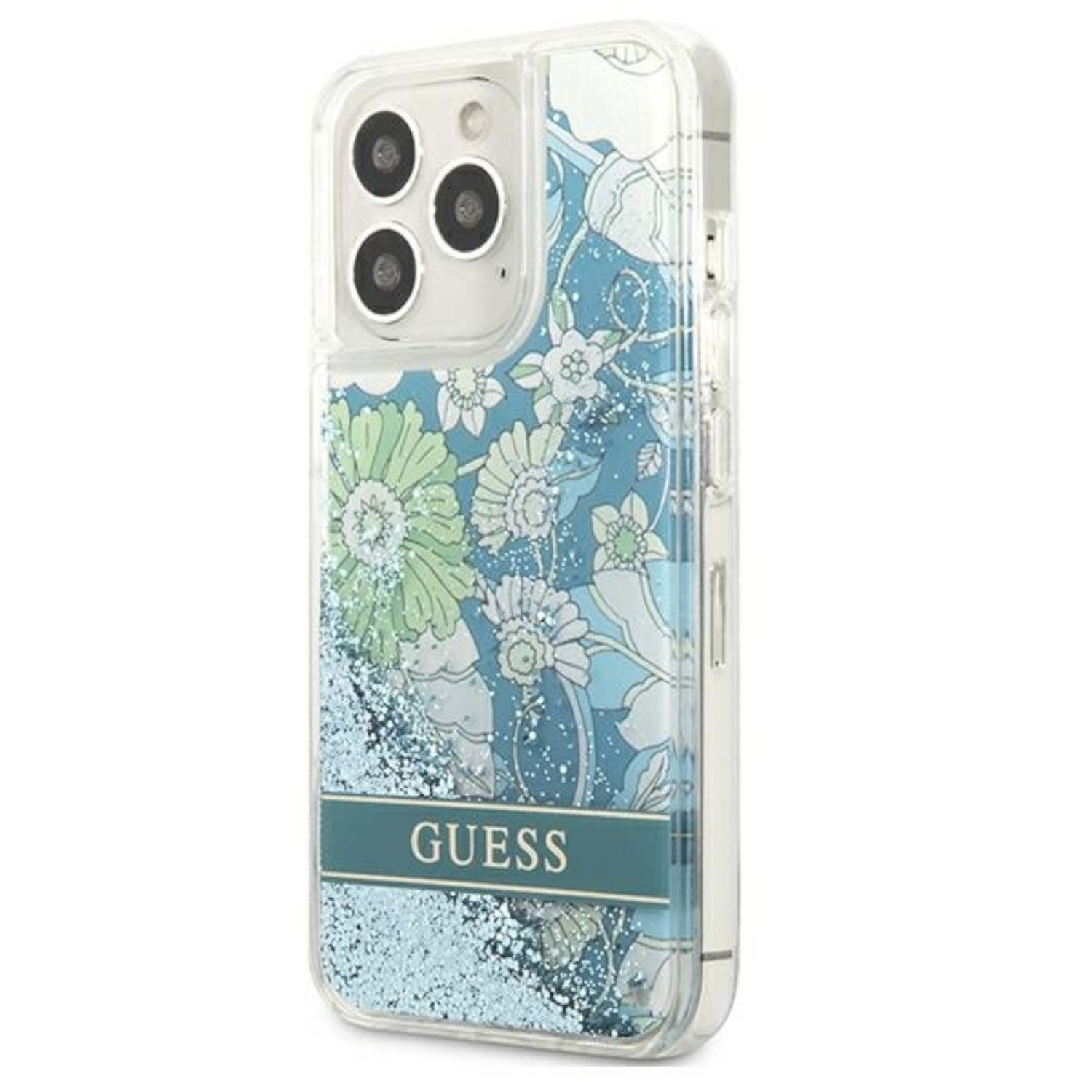 Custodia per telefono con design floreale e glitter. Il logo Guess è in basso.