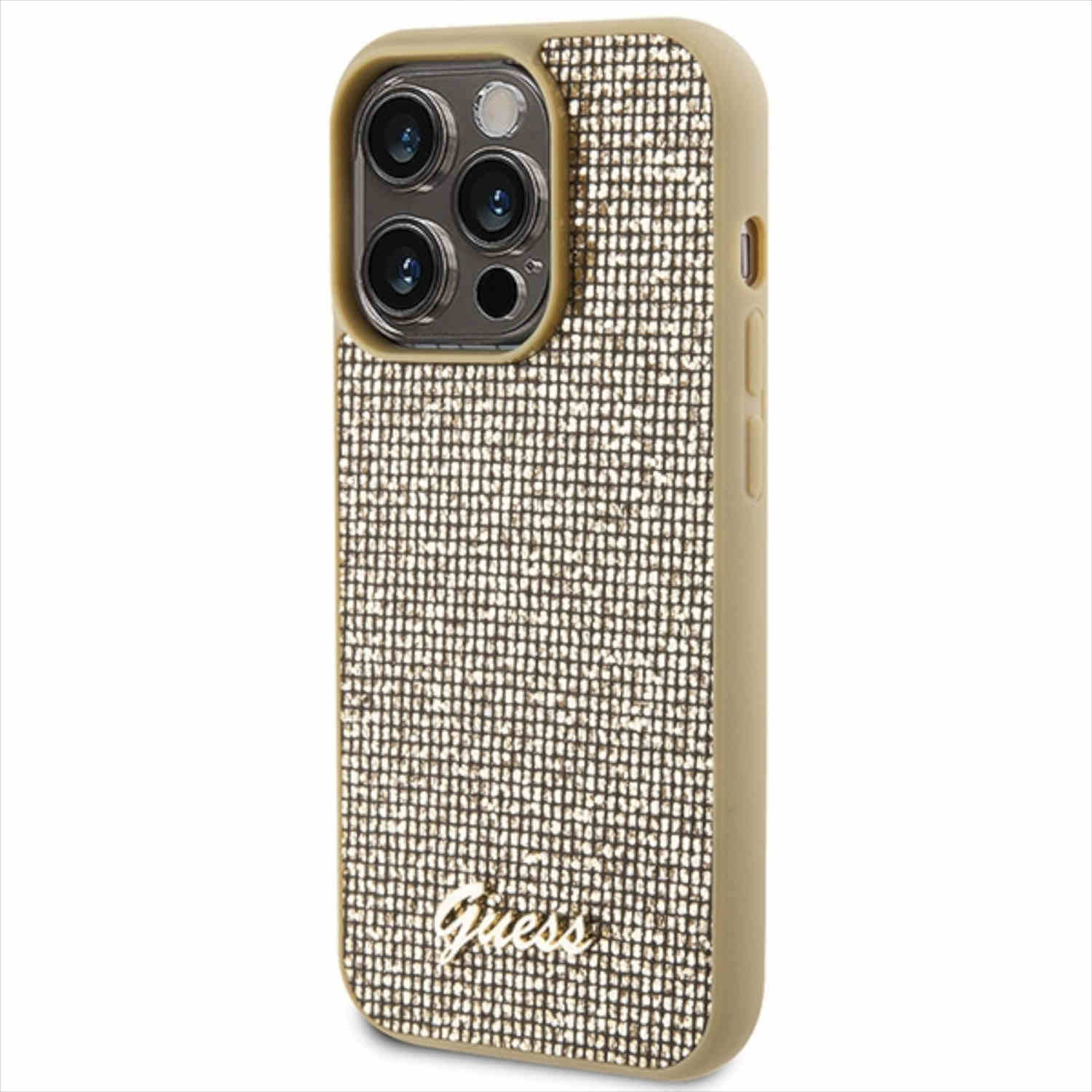 Custodia iPhone dorata con effetto glitter e logo Guess. Ha ritagli per la fotocamera.