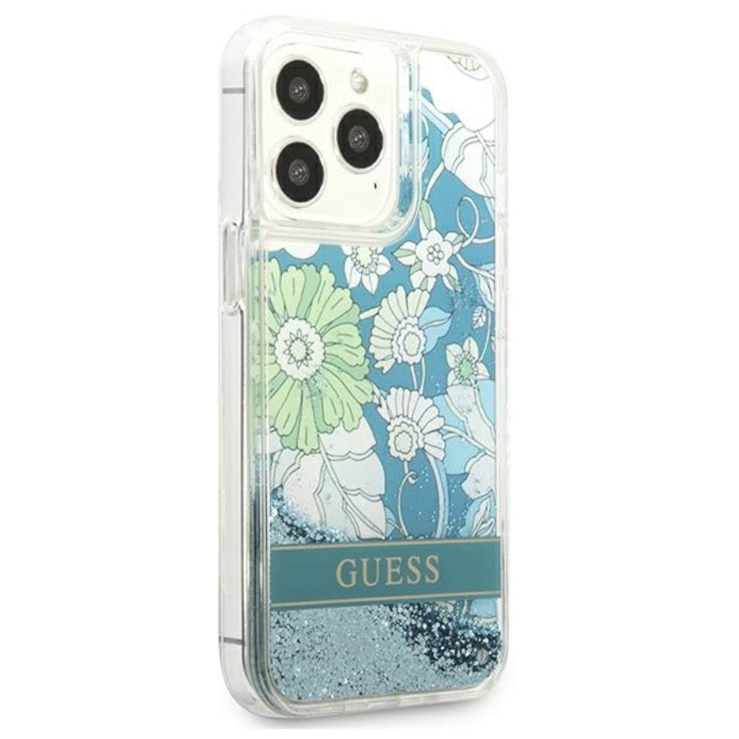 Una custodia trasparente per telefono con un design floreale e il logo GUESS. La custodia ha glitter blu all'interno.