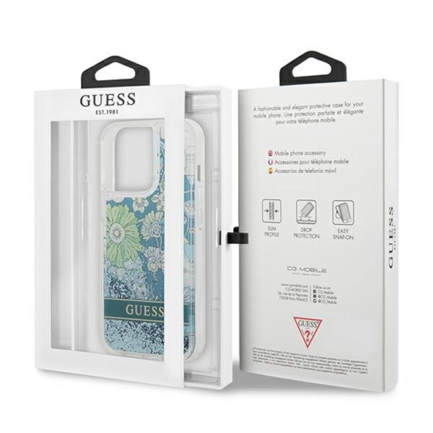 Custodia per telefono in scatola con logo Guess. La custodia ha un design floreale.