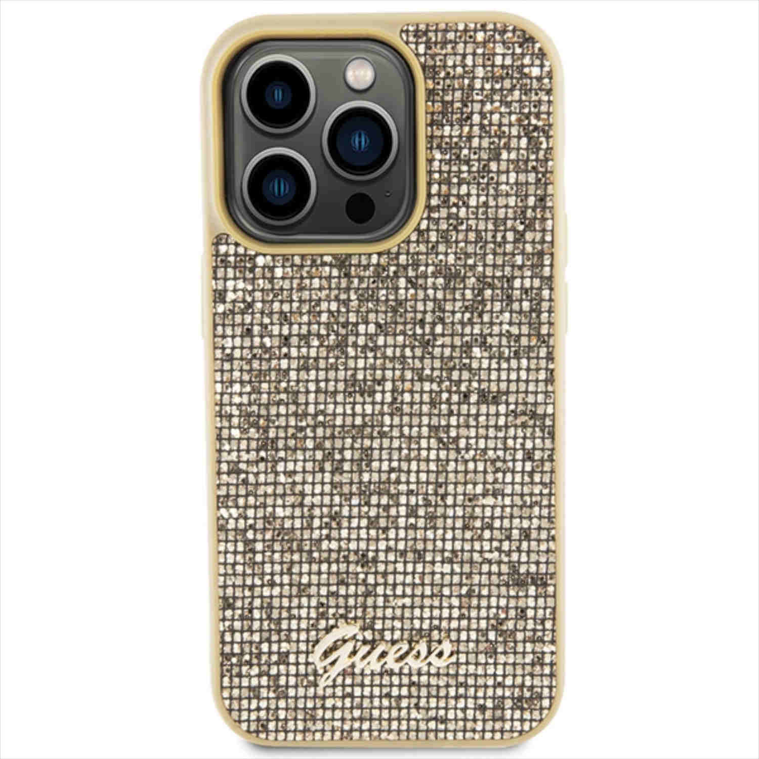 Custodia per telefono glitterata dorata. Ha tre fotocamere e il logo Guess.