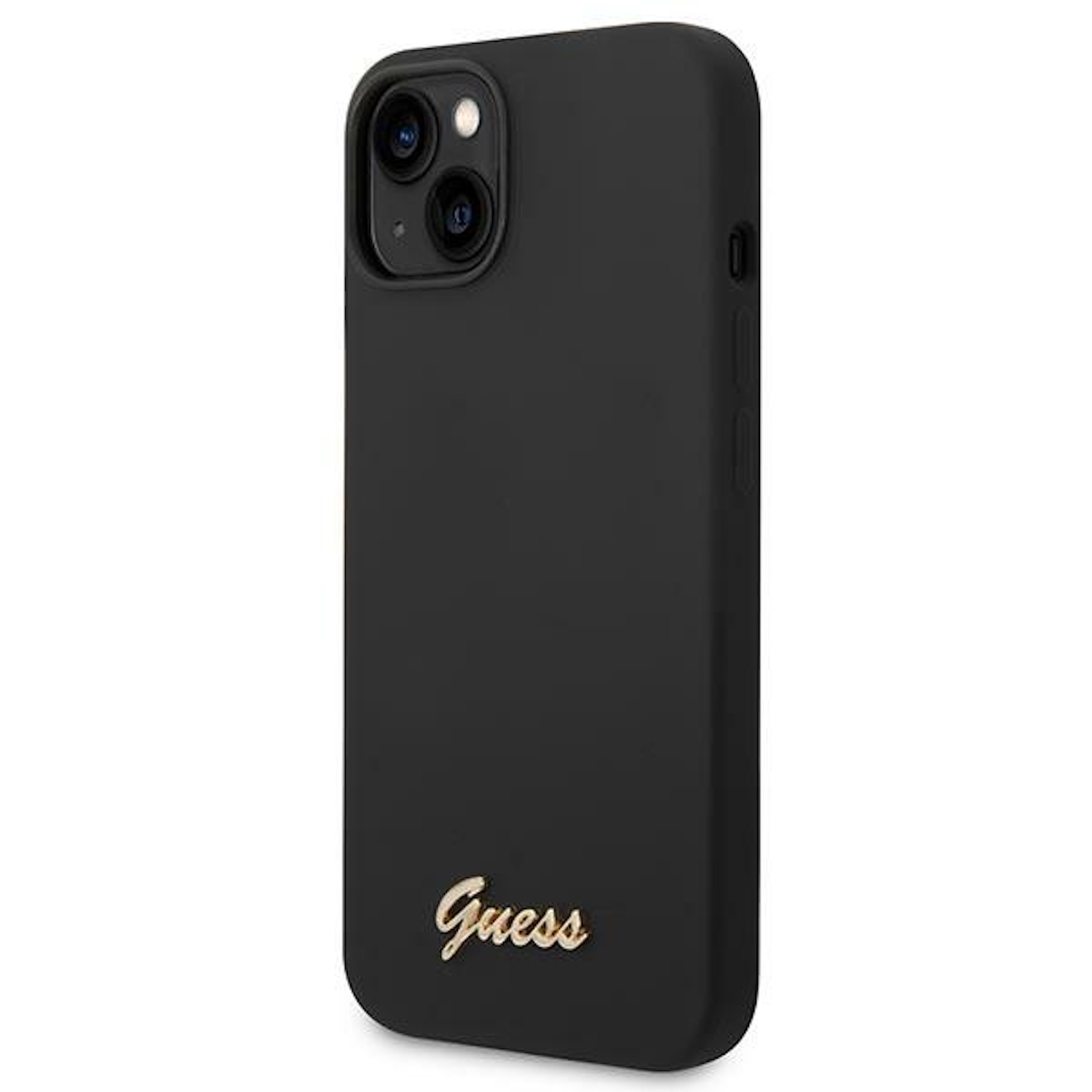 Schwarze Handyhülle mit 'Guess'-Logo in Gold. Einfaches Design.
