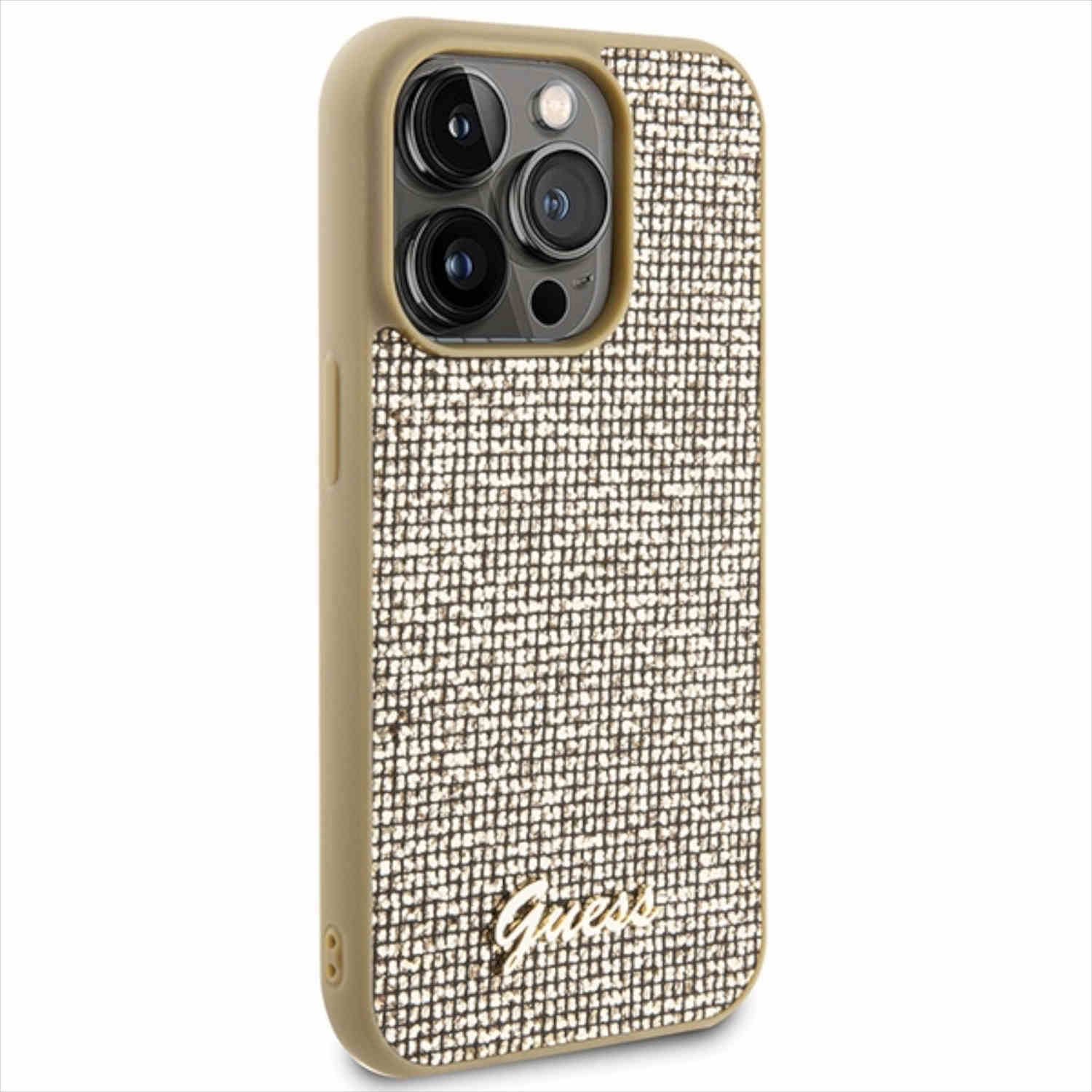 Una custodia dorata per telefono con una superficie strutturata e scintillante e la scritta 'Guess'.
