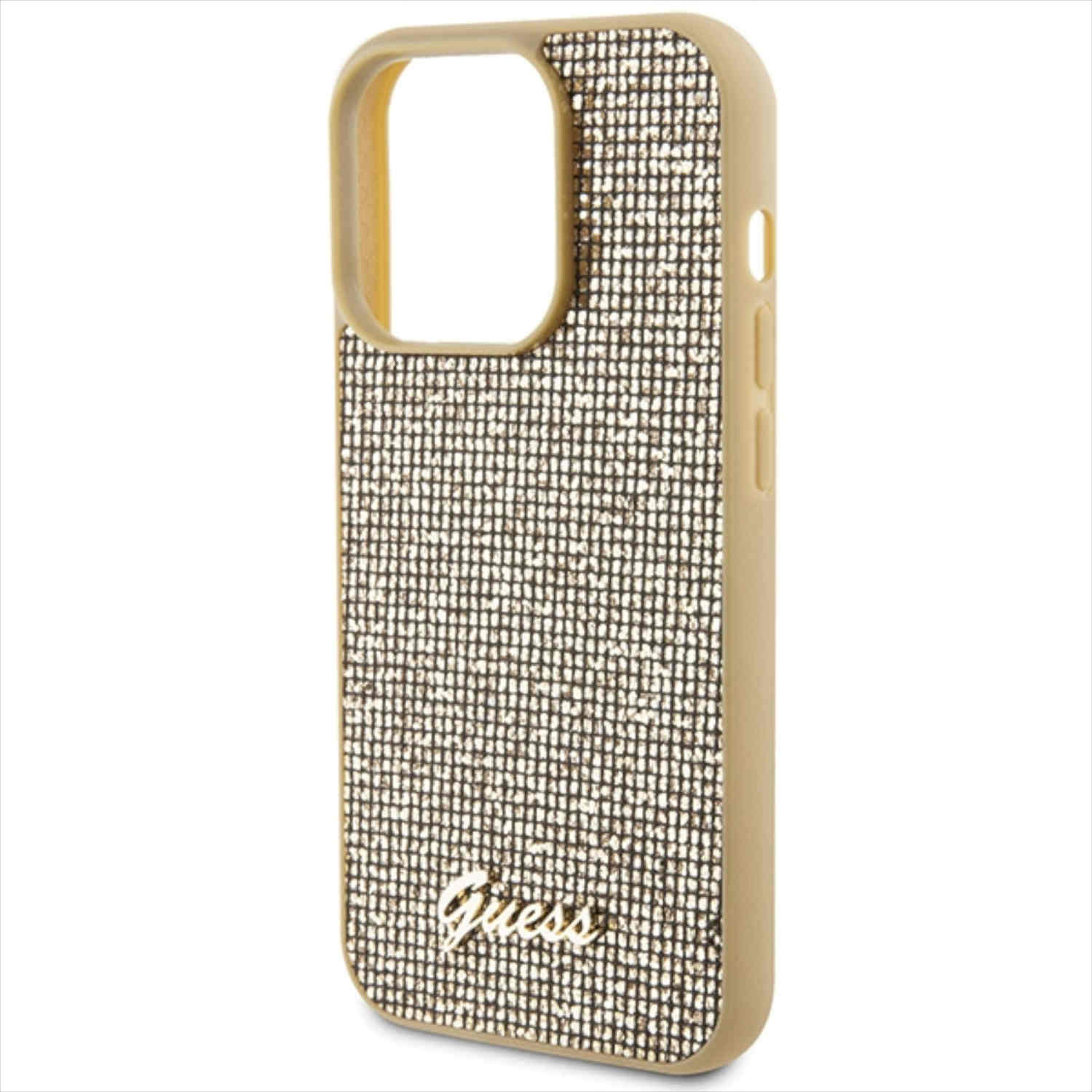 Custodia iPhone dorata con glitter e logo Guess. Ha ritagli per la fotocamera.