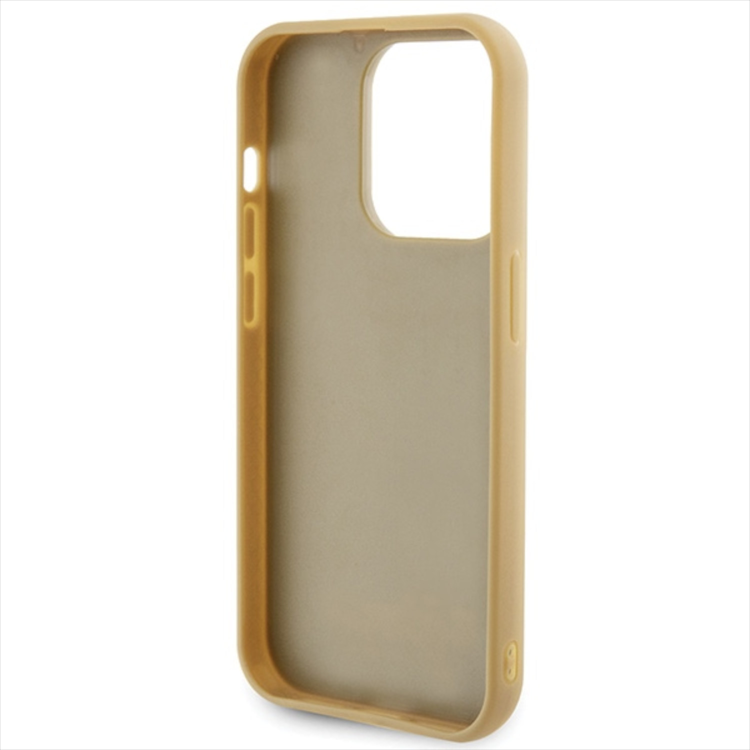 Custodia beige per iPhone, senza telefono dentro, ritaglio fotocamera visibile.