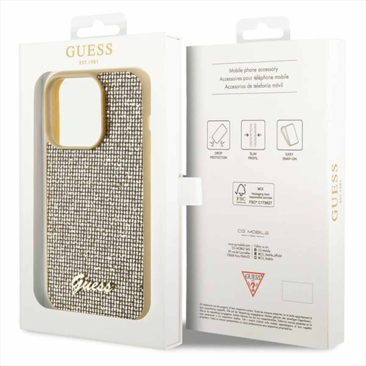 Custodia per telefono dorata in scatola con texture glitterata e logo Guess.