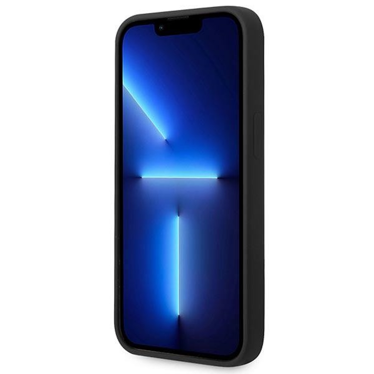 Das Telefon befindet sich in einer schwarzen Hülle mit blauem Bildschirm auf der Vorderseite.
