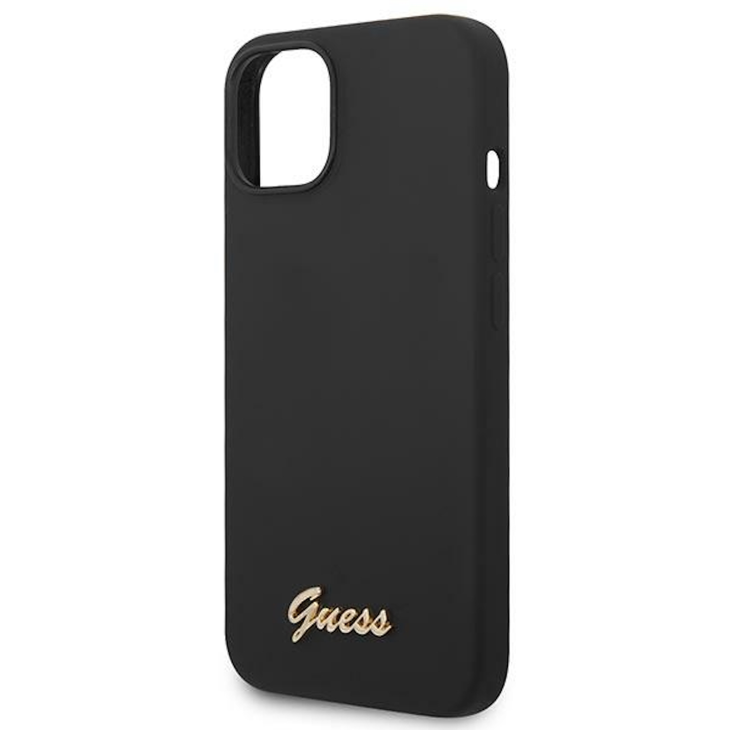 Schwarze Guess-Handyhülle. Goldfarbenes Guess-Logo. Die Hülle ist für Mobiltelefone.