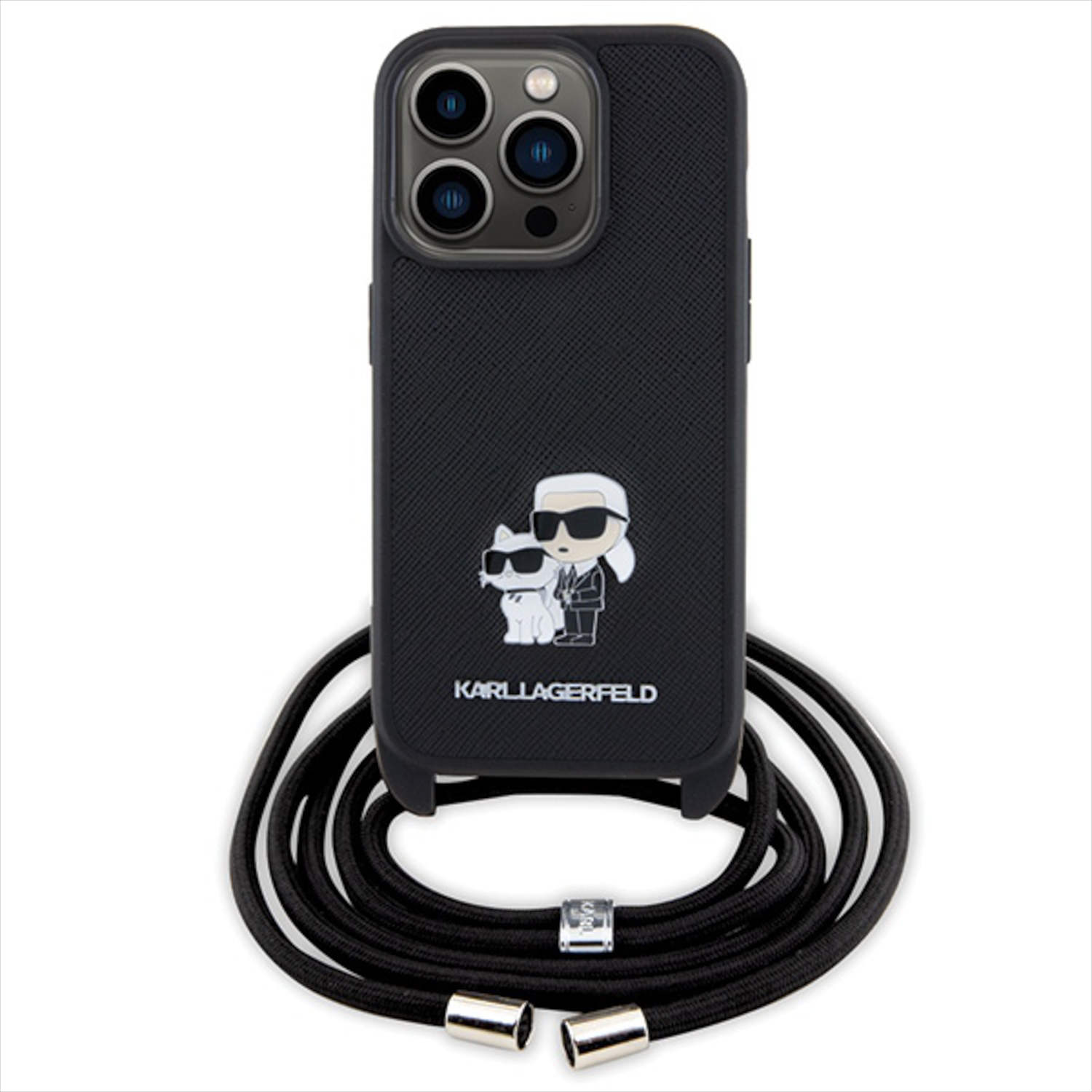 Funda negra para teléfono con diseño Karl Lagerfeld y correa negra.