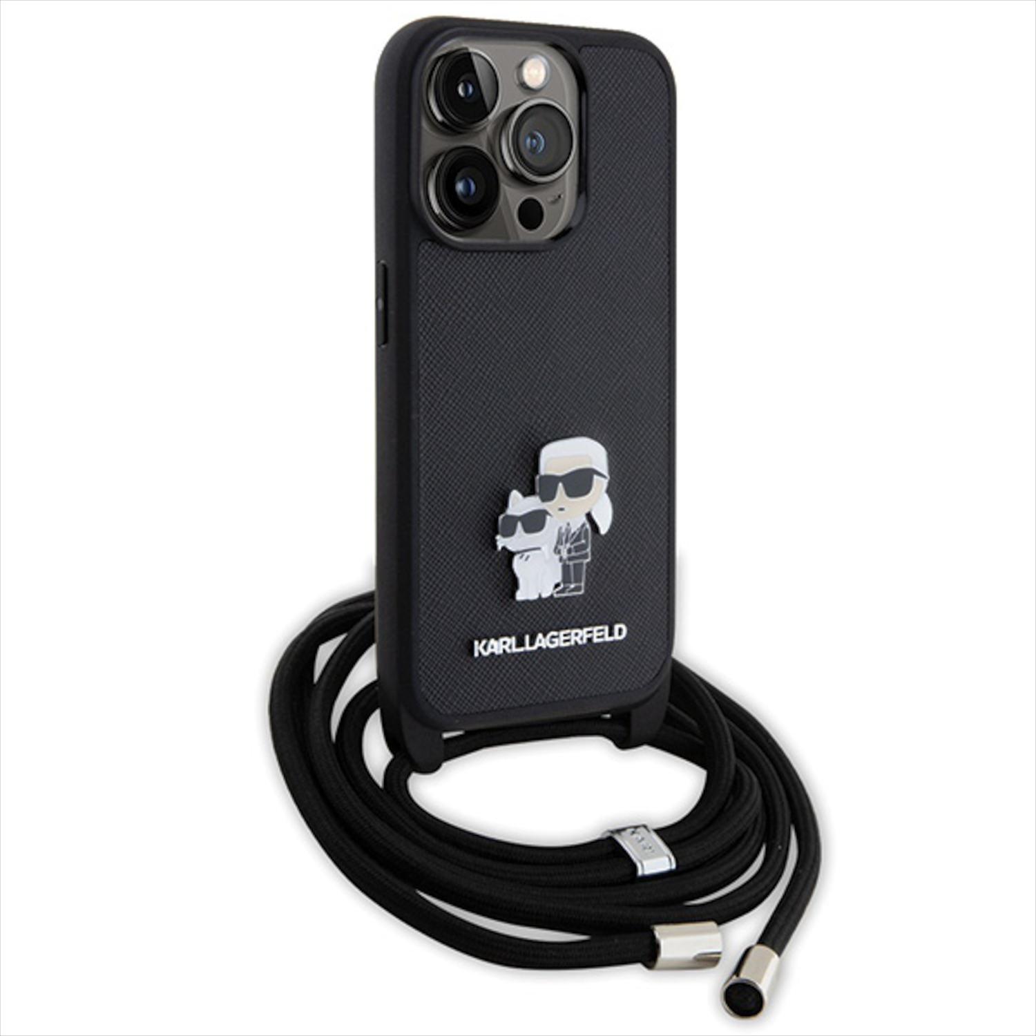 Funda negra para teléfono con diseño Karl Lagerfeld y correa negra.