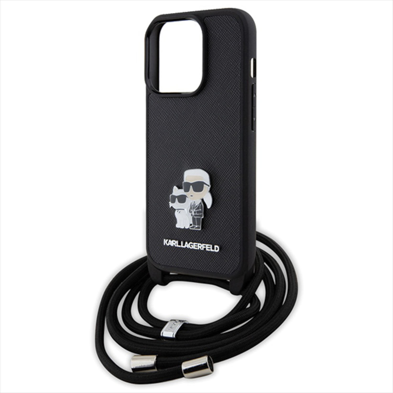 Funda negra para teléfono con diseño Karl Lagerfeld y correa negra.
