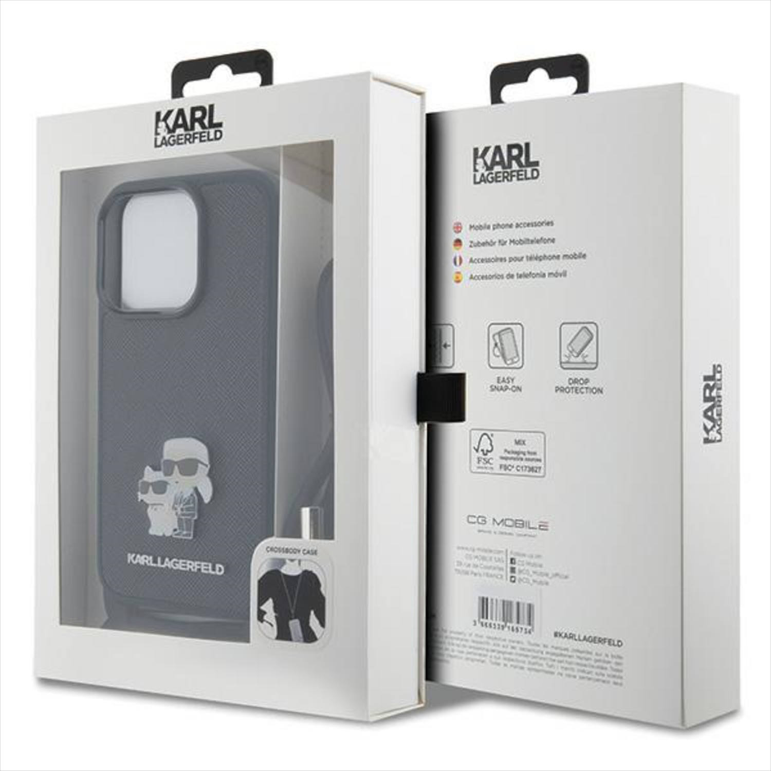 Funda negra en caja blanca, con logo y texto Karl Lagerfeld, sobre fondo blanco.