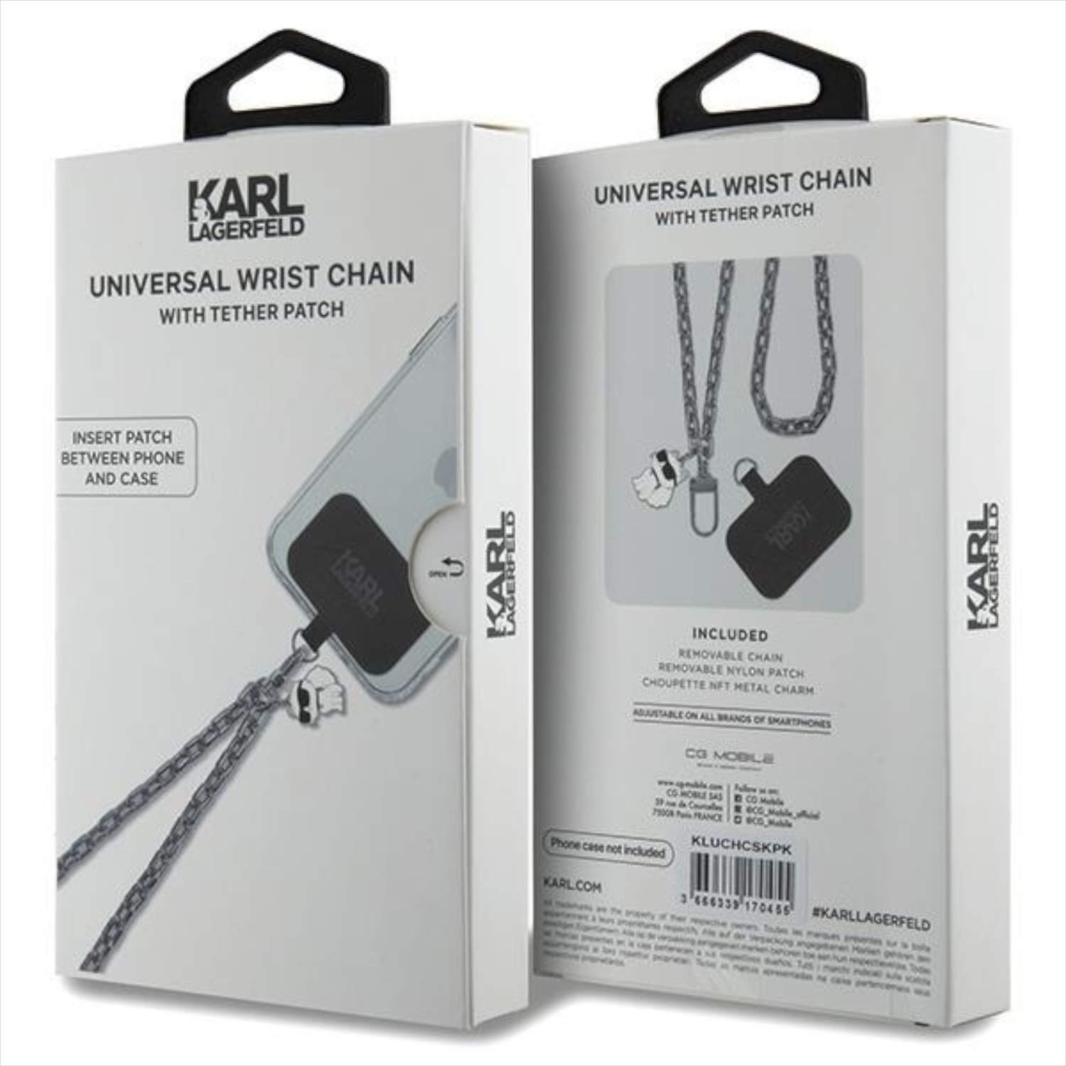 Una scatola bianca con una catena da polso Karl Lagerfeld per telefono. La scatola mostra la catena e una custodia.
