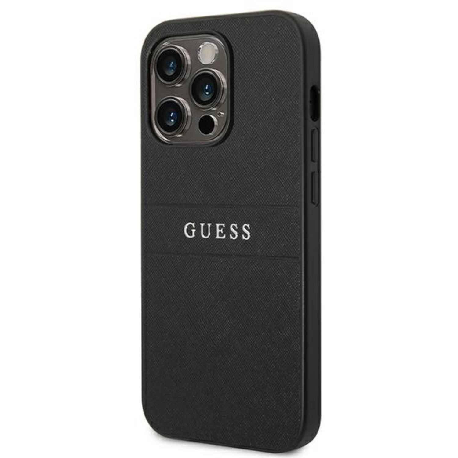 Custodia nera per telefono con la scritta "GUESS". Lo sfondo è bianco.