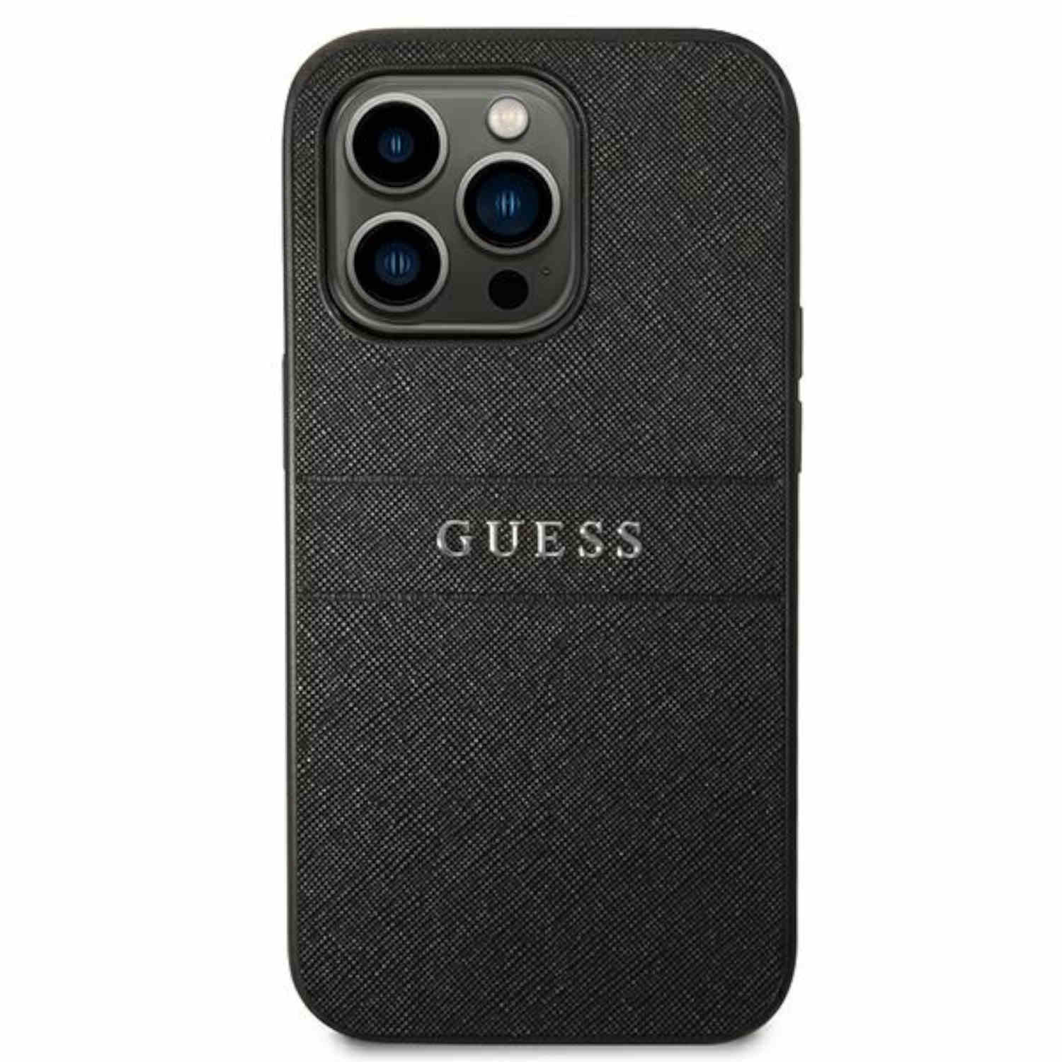 Custodia per telefono Guess nera con logo Guess argentato. La custodia ha una superficie strutturata e ritagli per la fotocamera.