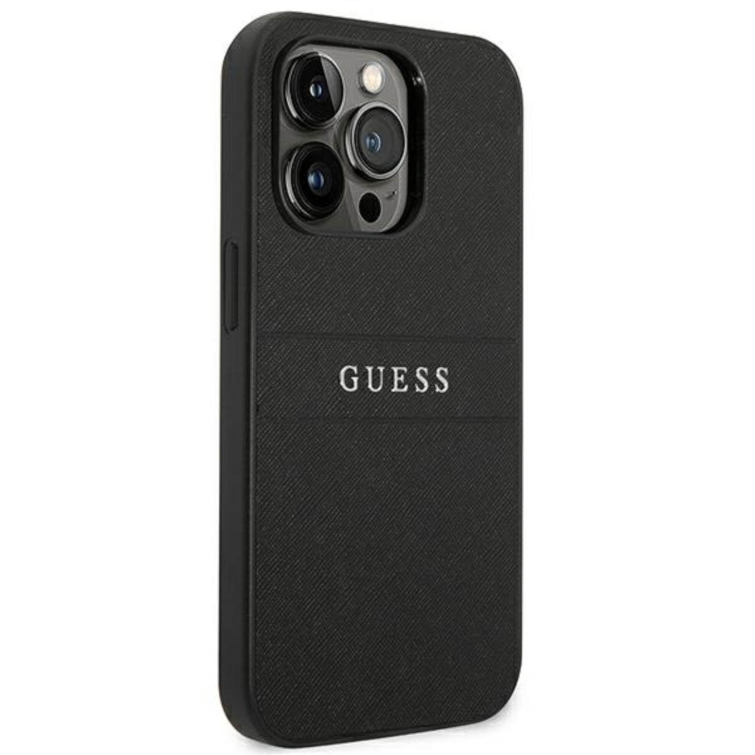 Custodia nera per telefono con la scritta "GUESS". Lo sfondo è bianco.