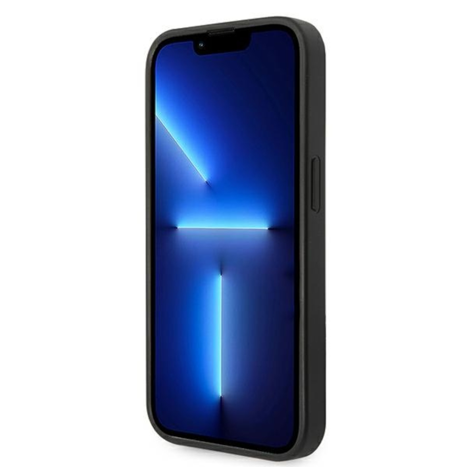 Custodia per telefono nera con uno schermo che mostra un design di luce blu. Il telefono è angolato, mostrando il lato.