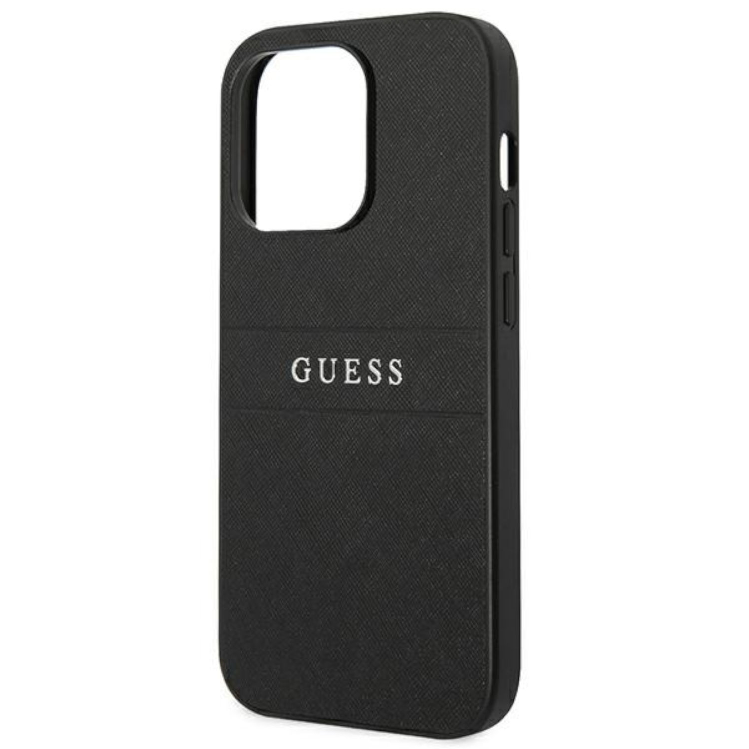 Custodia nera per telefono con la scritta "GUESS". Lo sfondo è bianco.