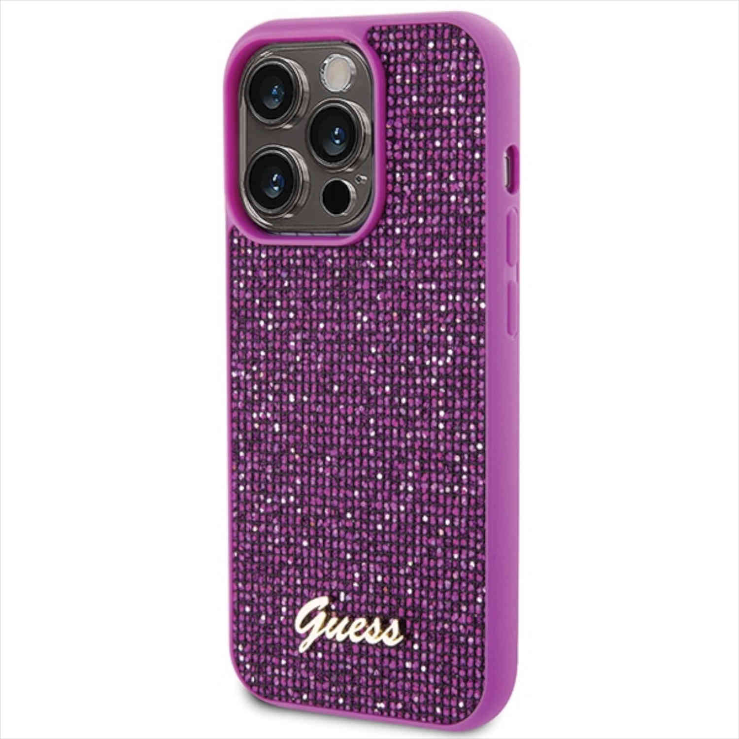 Lila glitzernde Handyhülle mit dem Wort „Guess“. Weißer Hintergrund.