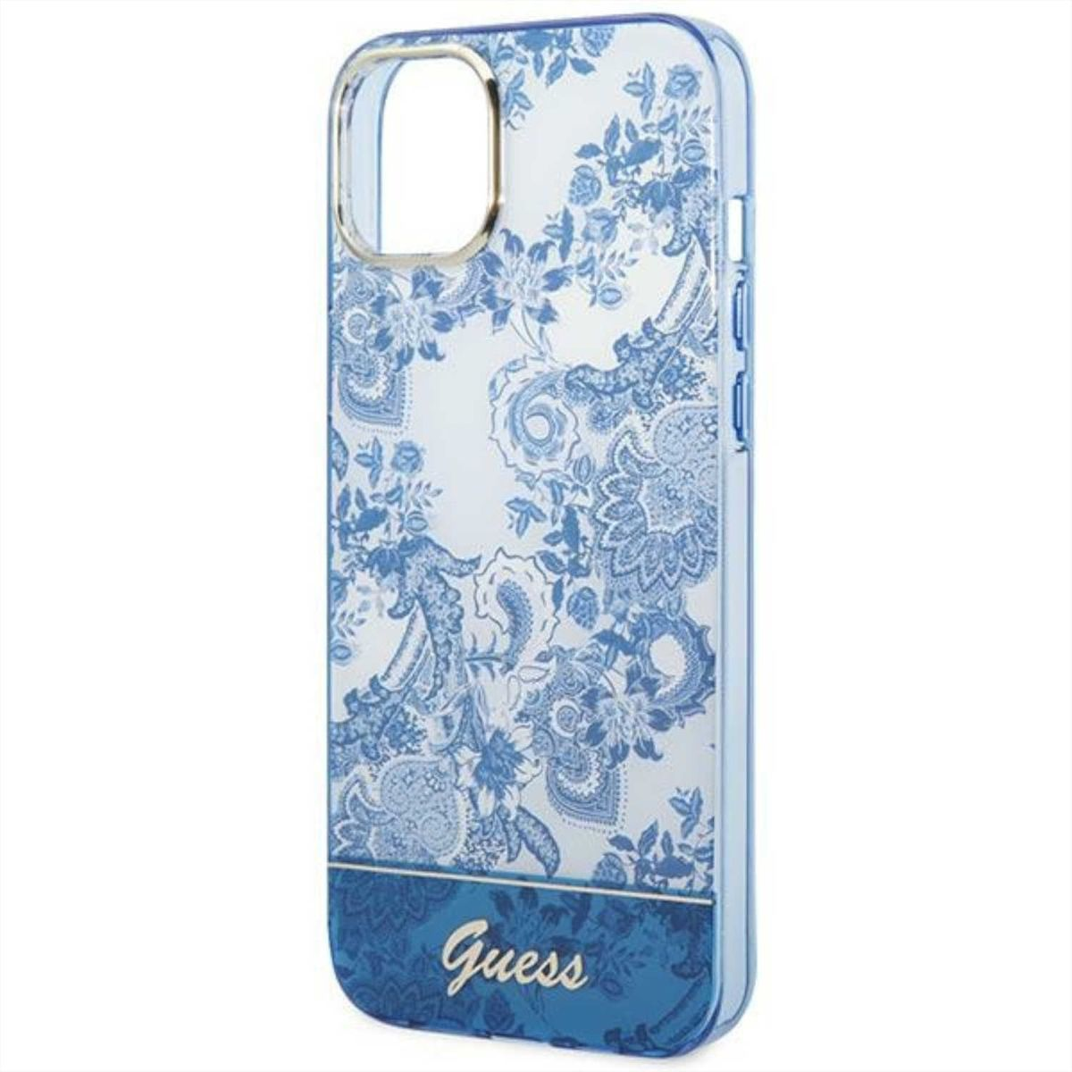 Custodia per telefono Guess floreale blu e bianca. La custodia ha un logo Guess in basso e un bordo dorato.