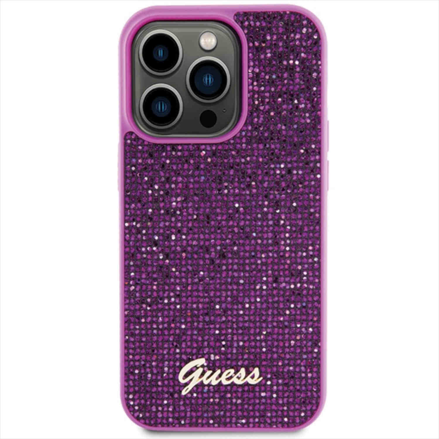 Lila glitzernde Handyhülle mit dem Wort „Guess“. Weißer Hintergrund.