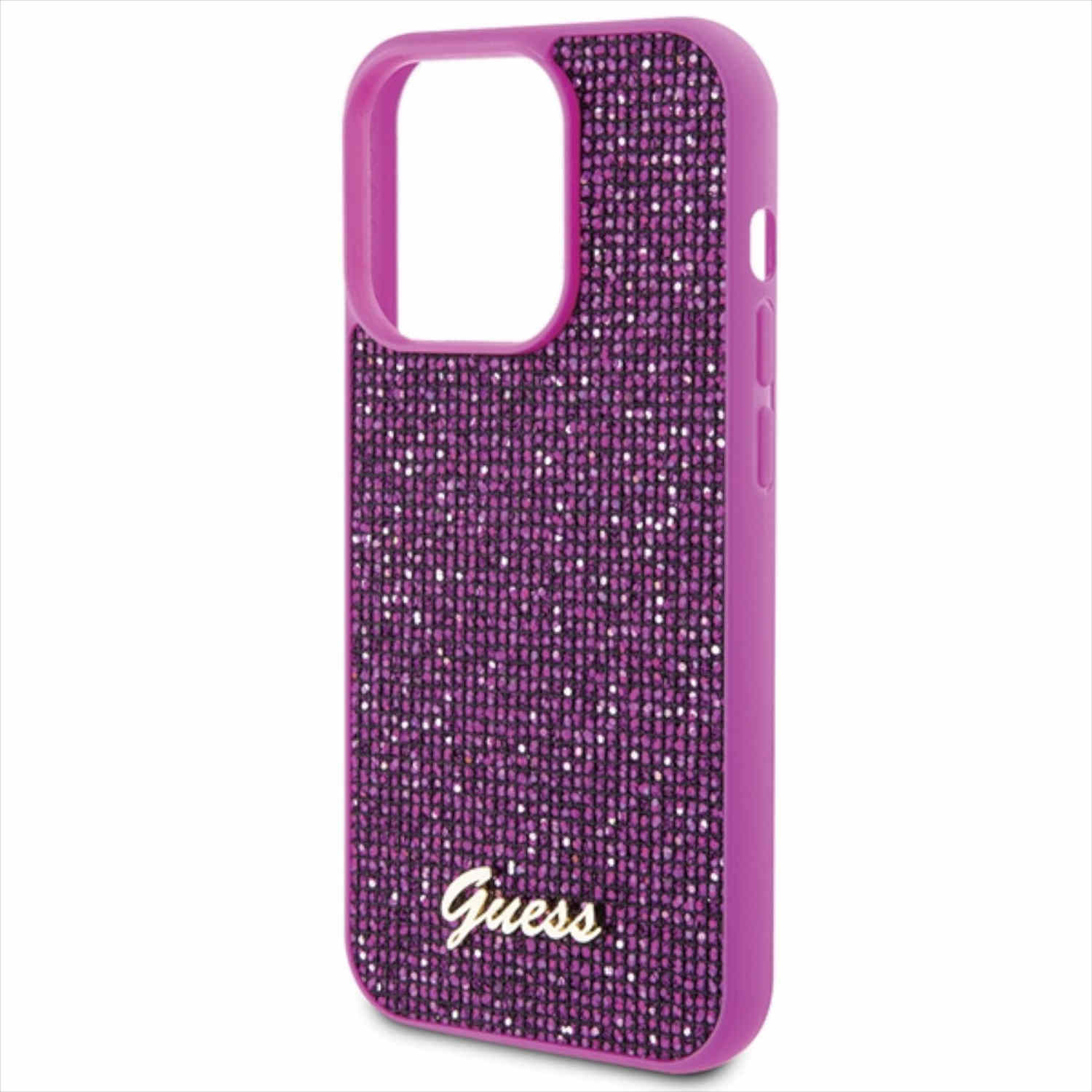 Lila Handyhülle mit Glitzer. Guess-Logo unten. Lila Rahmen.