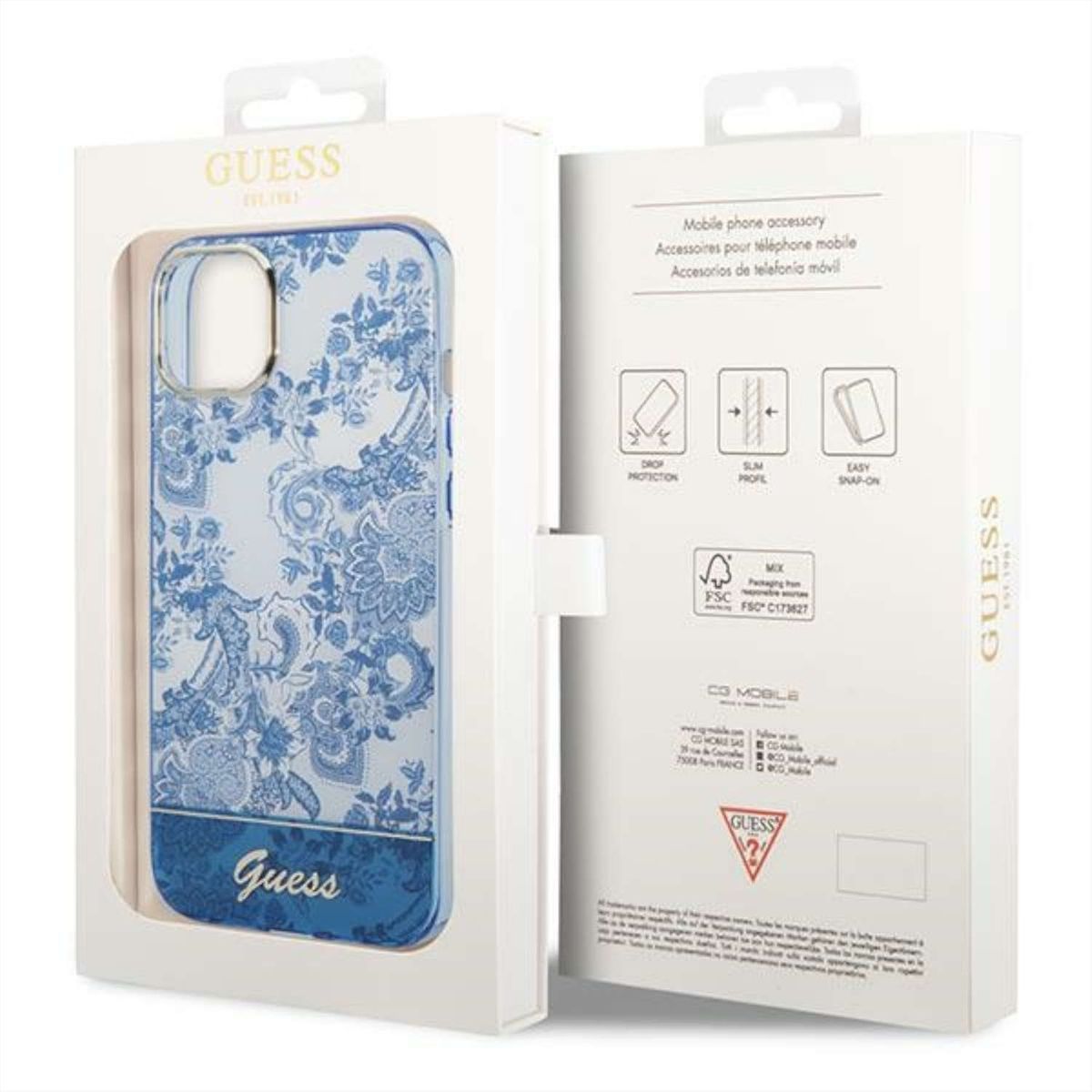 Scatola blu per custodia del telefono con una custodia all'interno. Design blu. Scatola bianca.