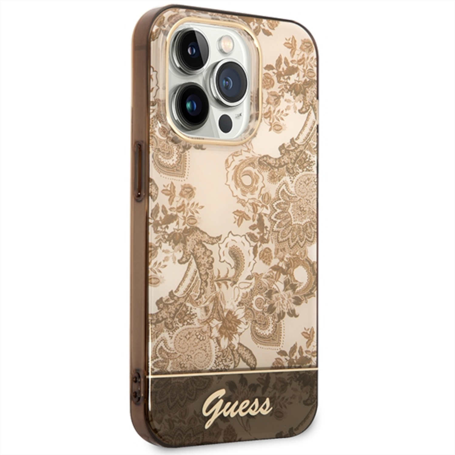 Custodia beige con motivo floreale e logo Guess.