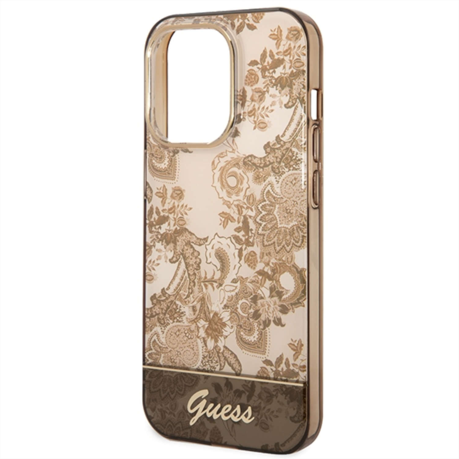 Custodia per telefono con motivo floreale. Colori marrone e oro. Logo Guess in basso.