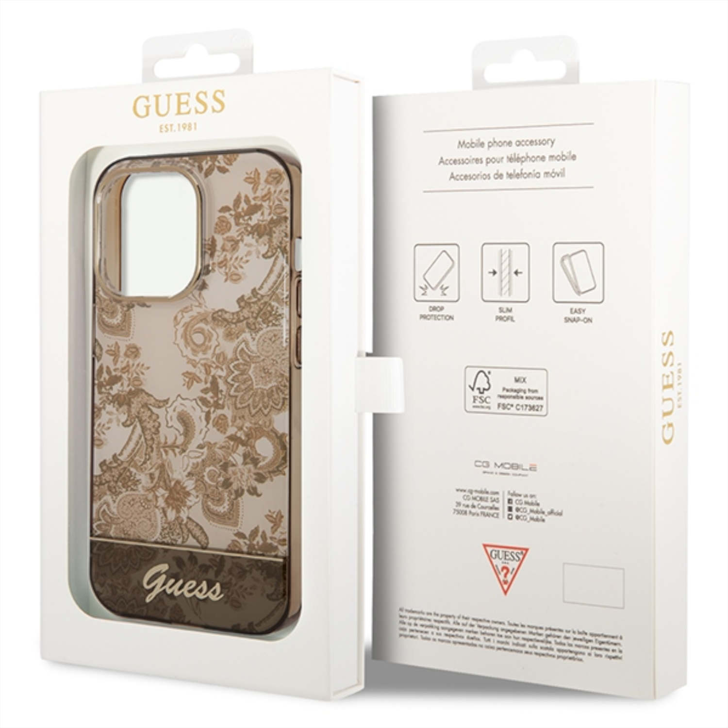 Scatola bianca con custodia Guess all'interno, con testo.