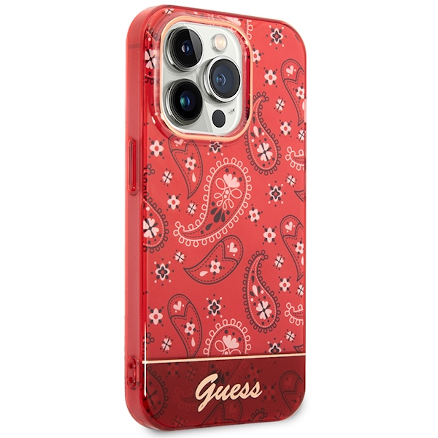Custodia per telefono rossa con motivo paisley e logo Guess. Lati trasparenti.