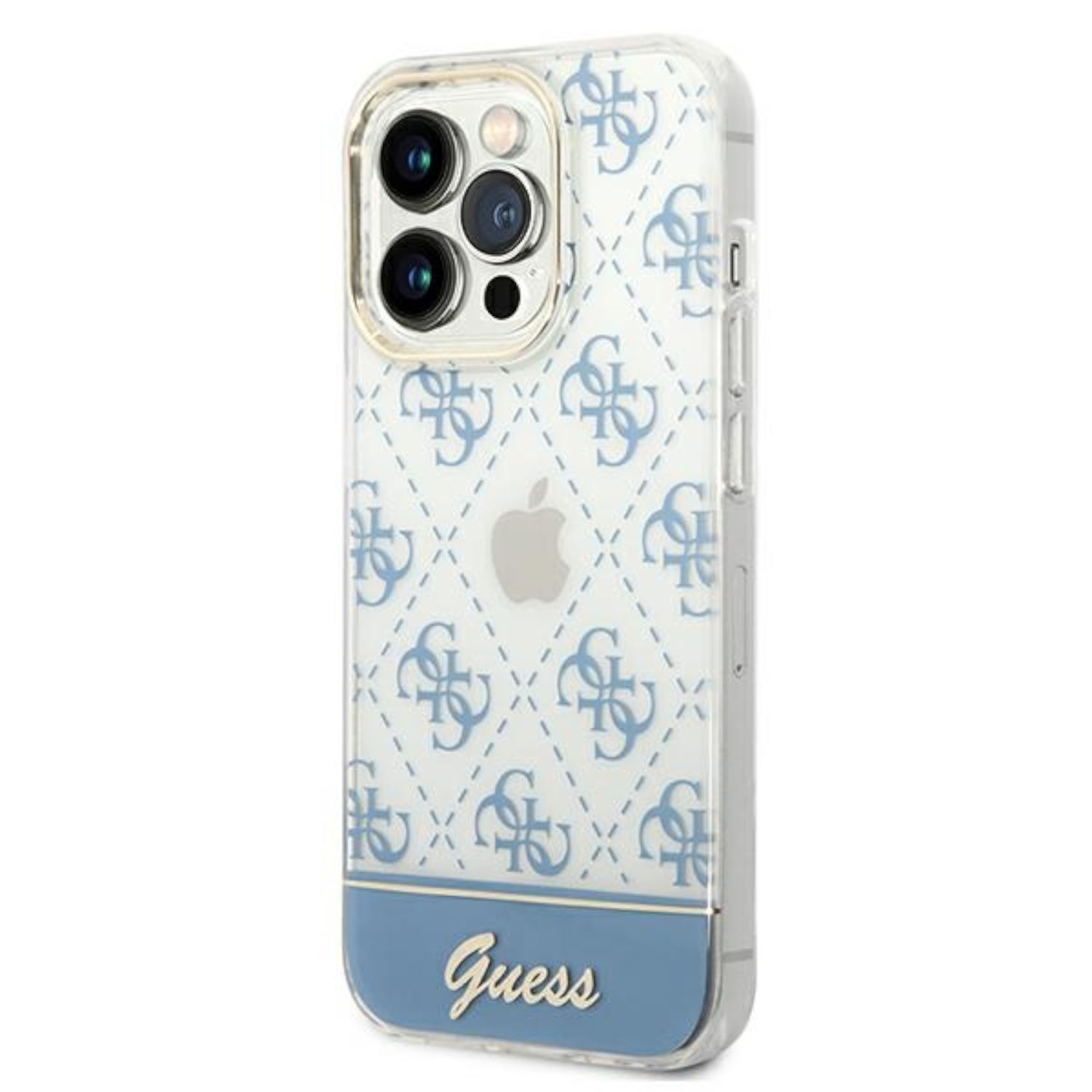 Telefono con custodia blu con motivo G. Logo Apple visibile. Design blu chiaro e bianco. Logo Guess.